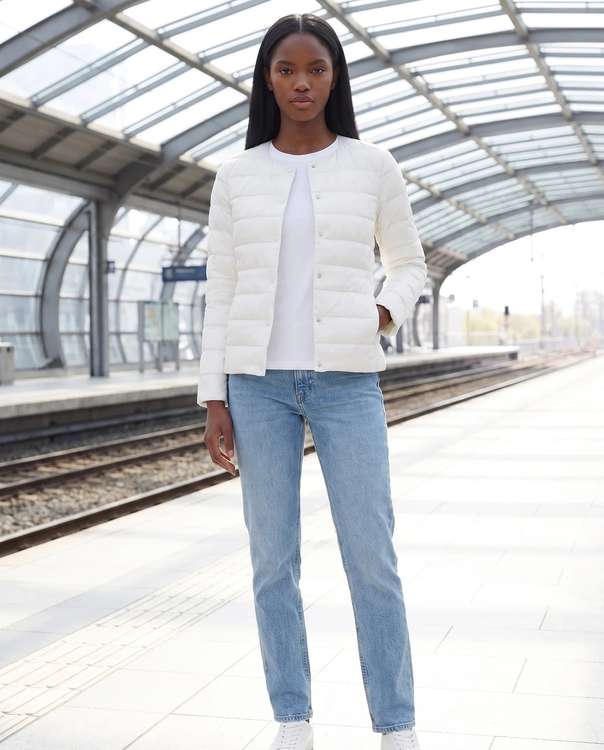 Leichte dünne Steppjacke mit Rundhals Sophie in Weiss, getragen auf einem hellen Bahnsteig