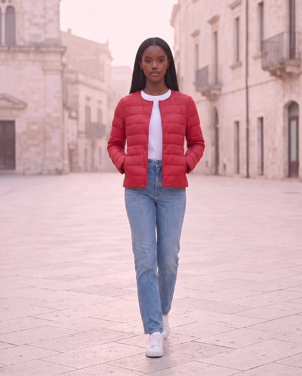 Leichte dünne Steppjacke mit Rundhals Sophie in Rot, getragen auf einem Platz am frühen Morgen