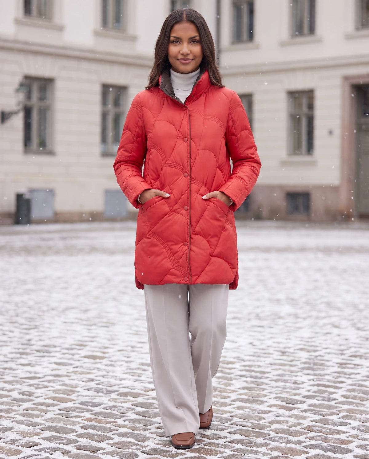 Leichte mittellange Steppjacke mit Wellensteppung Ludmila in Rot, getragen auf einem verschneiten Kopfsteinpflasterplatz