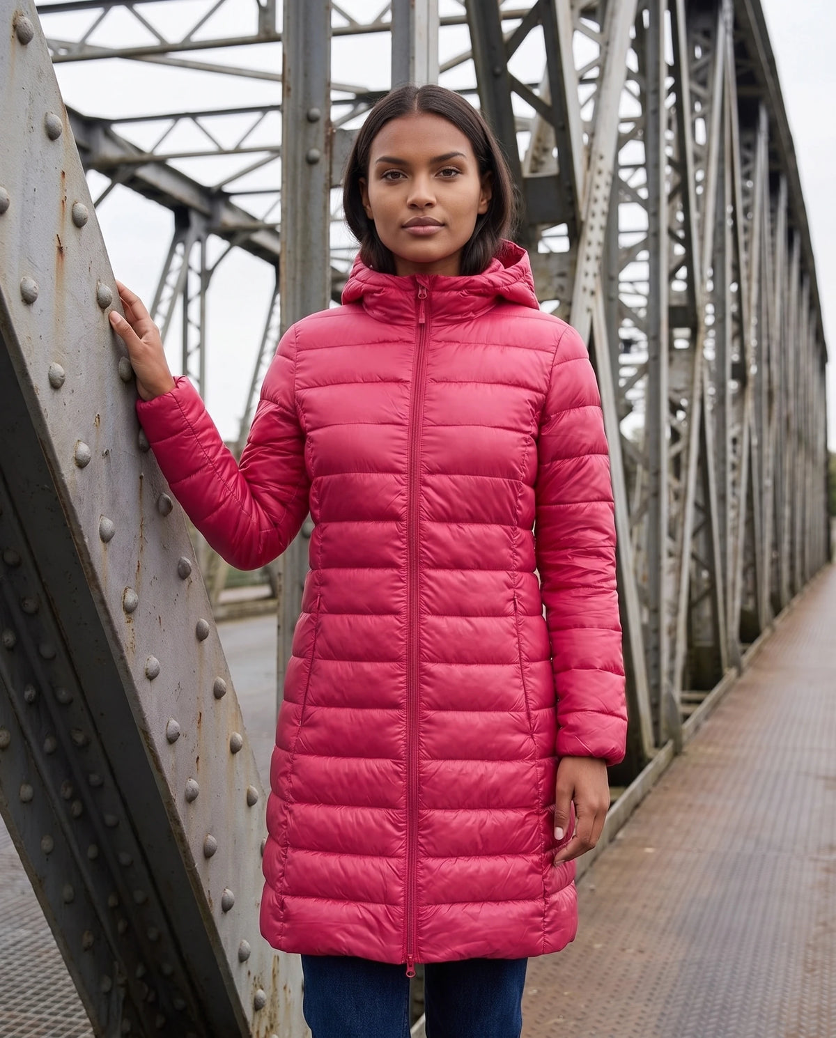 Doudoune légère Nélie en Rose Framboise, portée sur un pont métallique