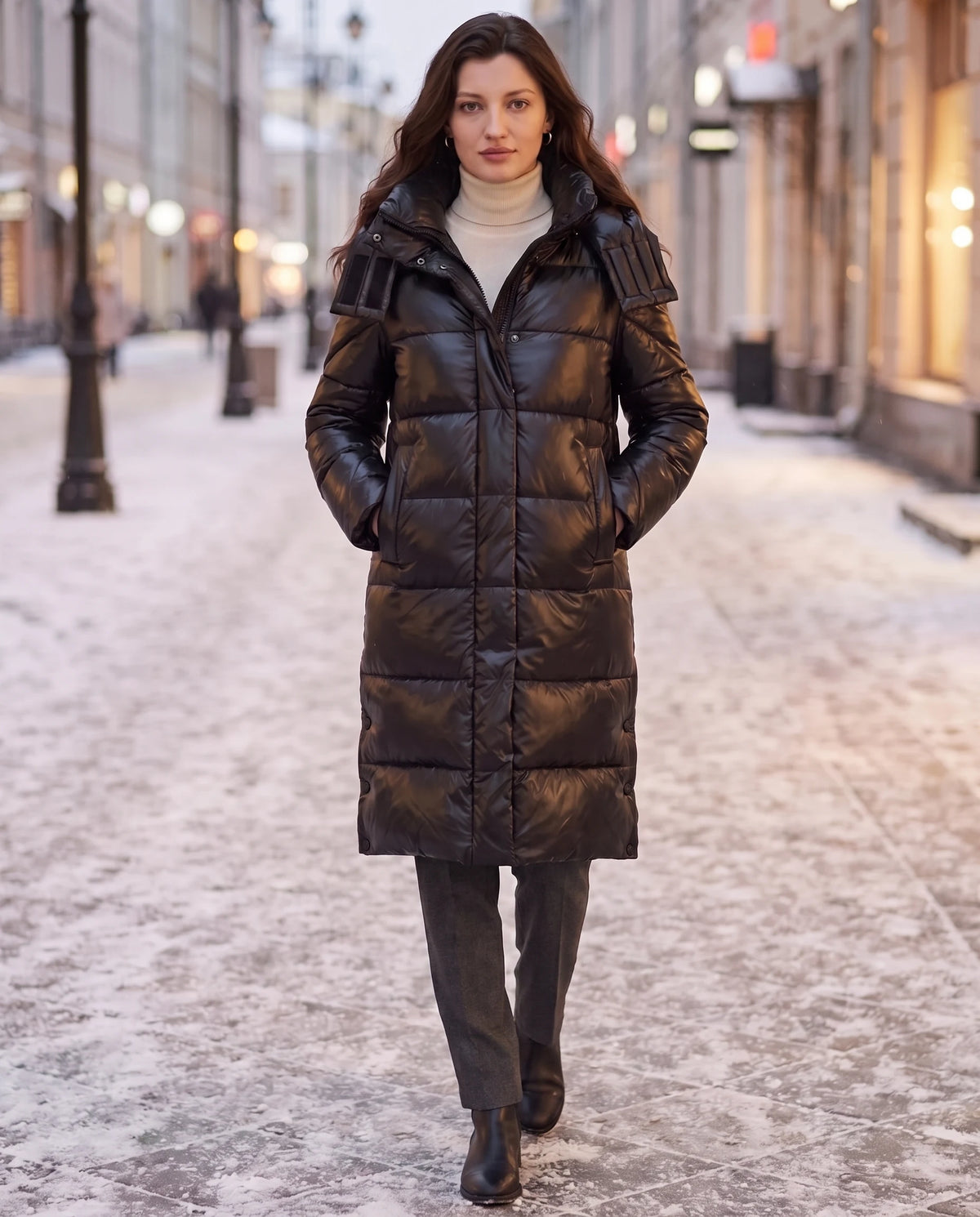 Doudoune longue brillante Elena en Noir, portée sur une rue enneigée le soir