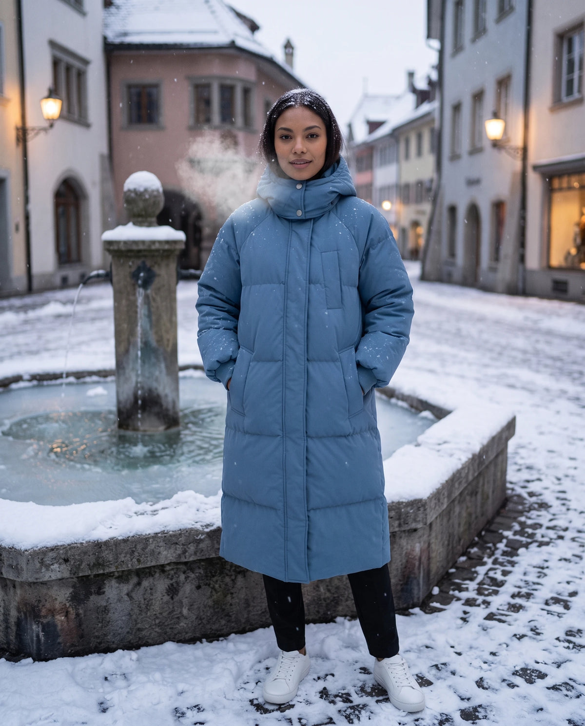 Doudoune longue à capuche Claire en Bleu Denim, portée sur une place enneigée