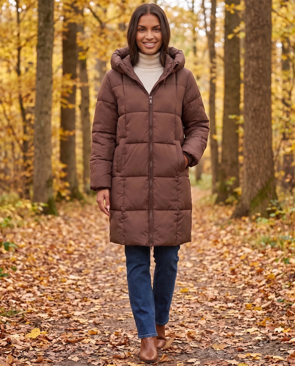 Doudoune longue à capuche matelassage carré Mahault en Chocolat, portée sur un chemin forestier en automne