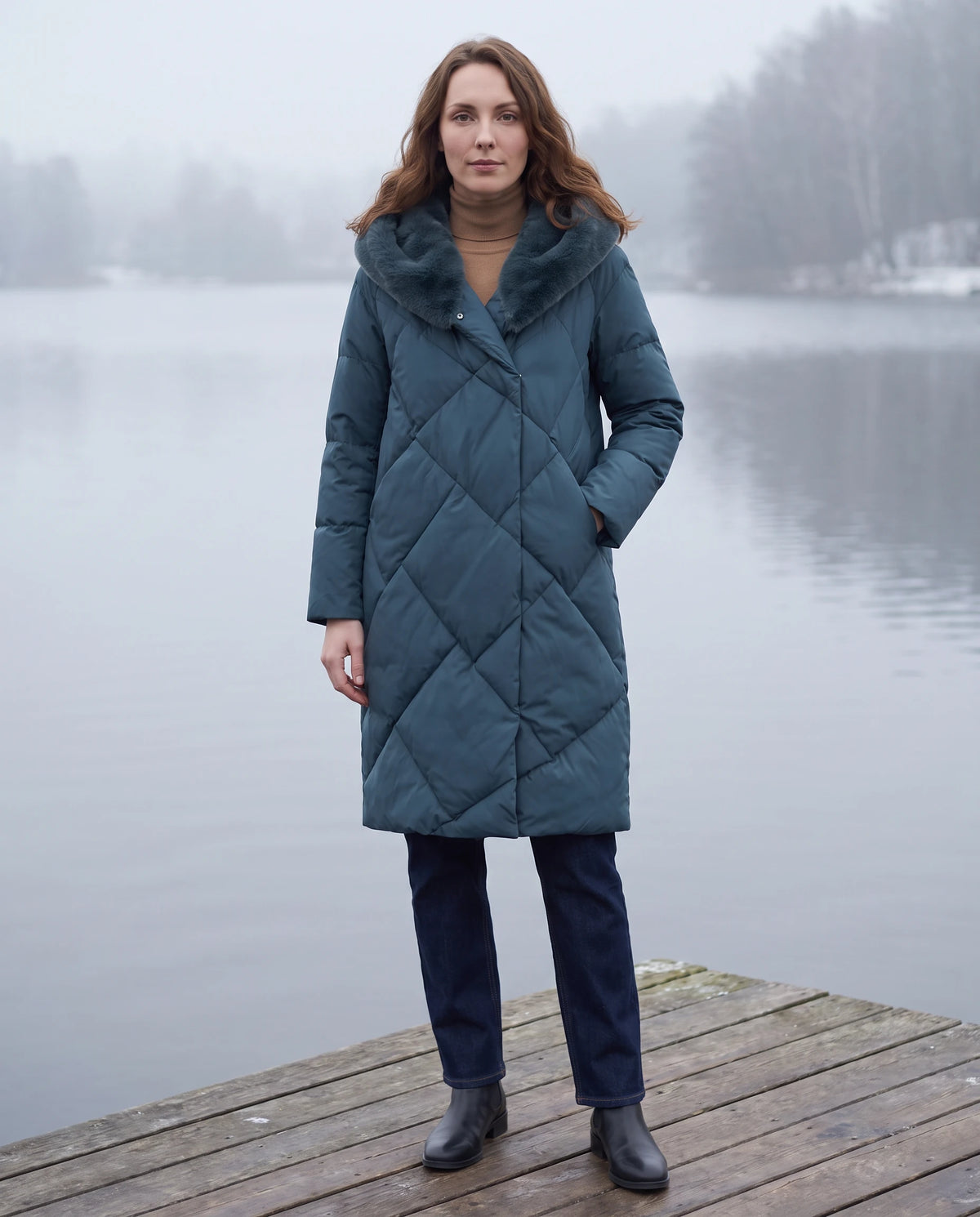 Lange Steppjacke mit kunstfellgefütterter Kapuze Nadia in Petrolblau, getragen am Ufer eines Wintersees