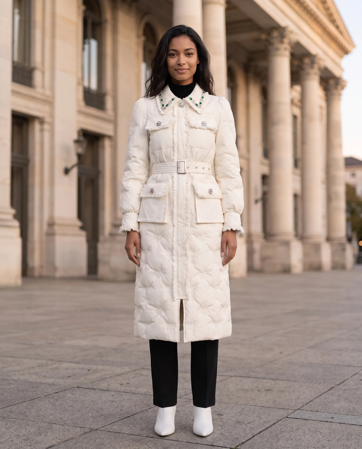 Doudoune longue ceinturée à col bijoux et manches bouffantes Déborah en Blanc Perle, portée devant une façade d'opéra à colonnes au crépuscule