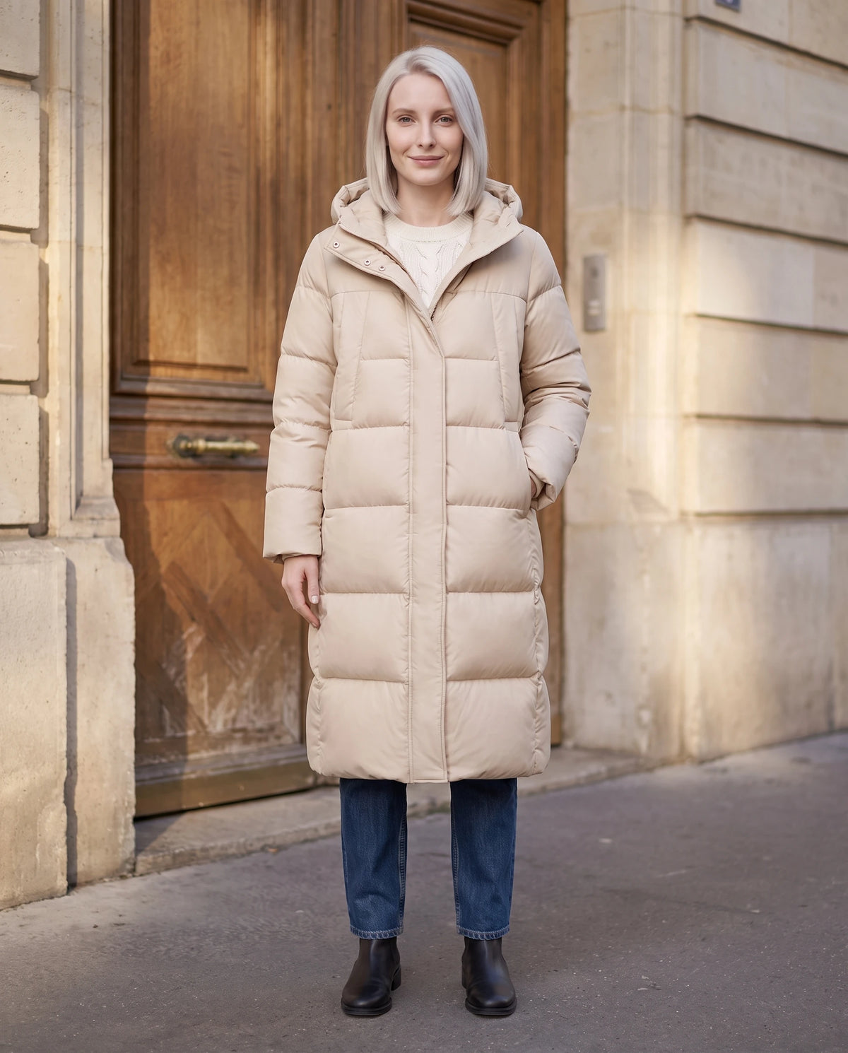 Langer ausgestellter wasserabweisender Steppmantel mit Kapuze Oriana in Hellbeige, getragen vor dem Tor eines Stadtpalais