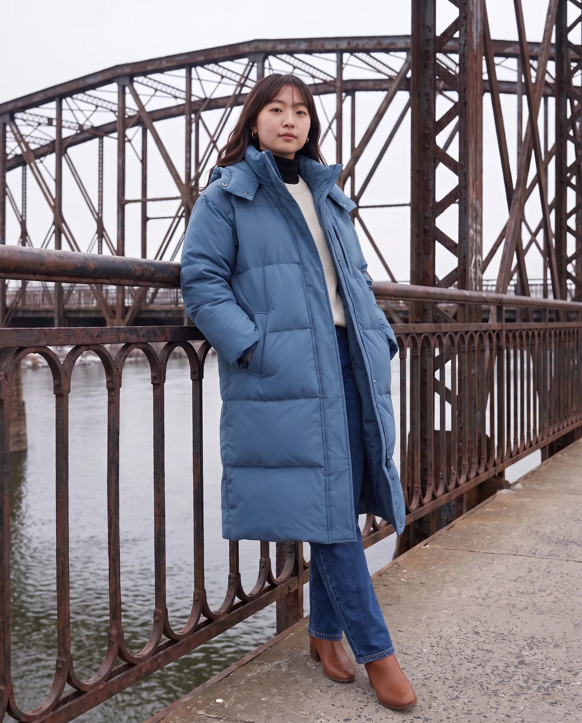 Langer Oversize-Steppmantel mit Kapuze Enora in Denimblau, getragen auf einer Eisenbrücke