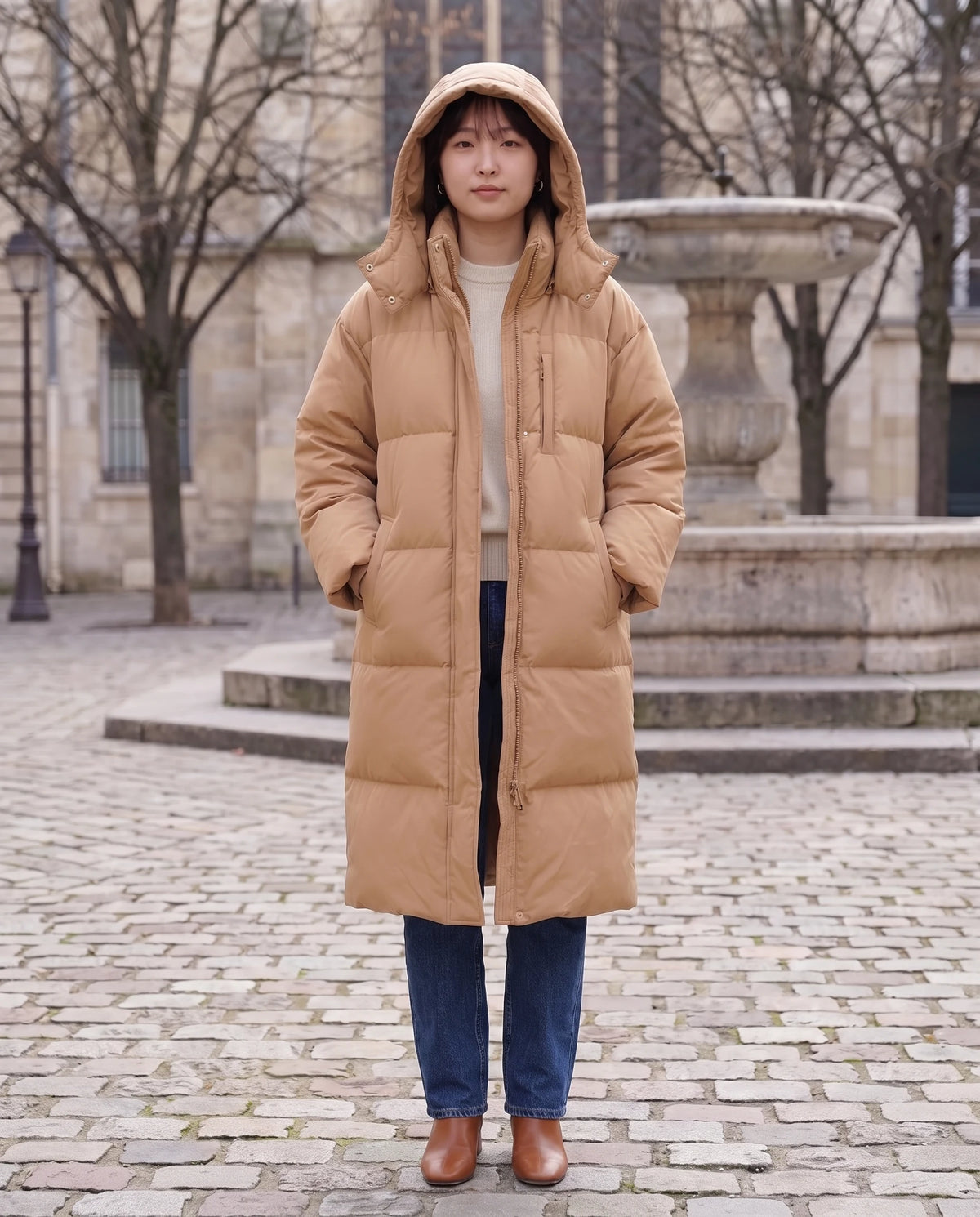Langer Oversize-Steppmantel mit Kapuze Enora in Camel, getragen auf einem Platz mit Brunnen, mit aufgesetzter Kapuze