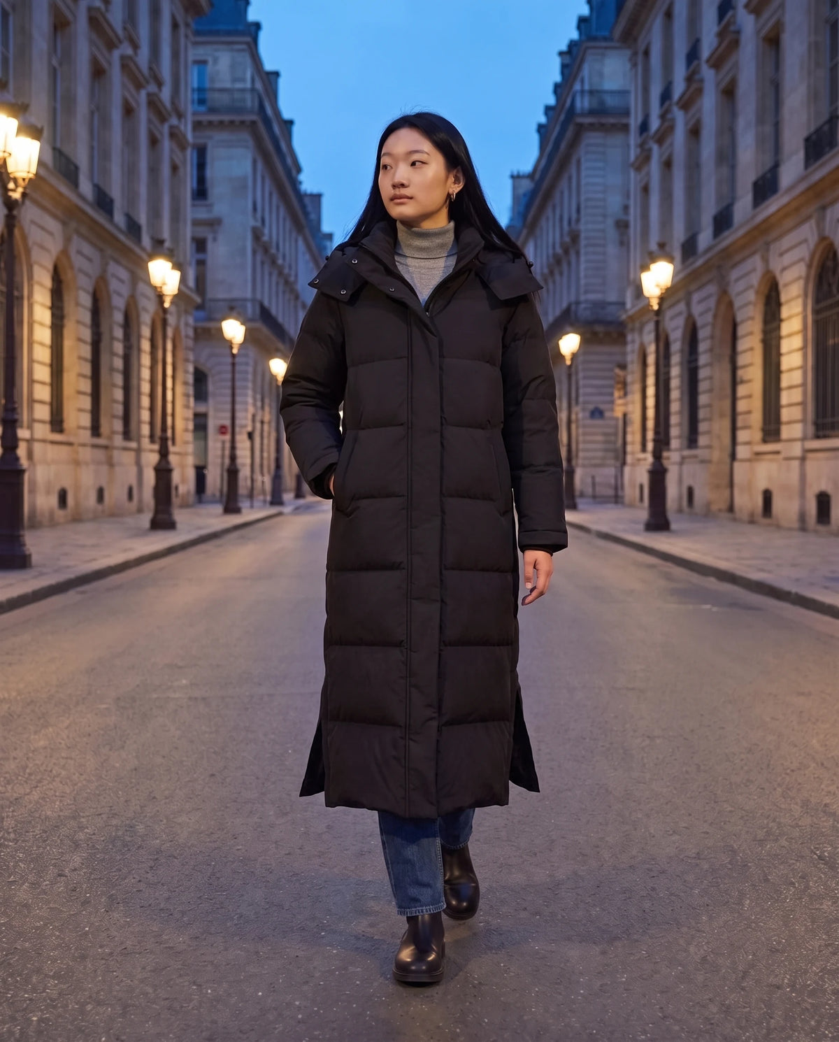 Extralanger Steppmantel mit Kapuze Clara in Schwarz, getragen auf einem Boulevard zur blauen Stunde