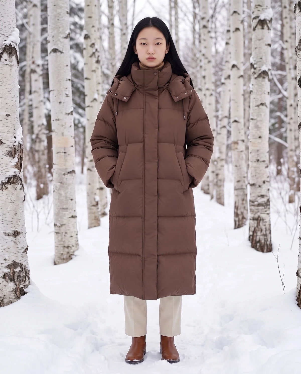 Doudoune maxi oversize à capuche et pressions Marine en Chocolat, portée dans une forêt de bouleaux enneigée