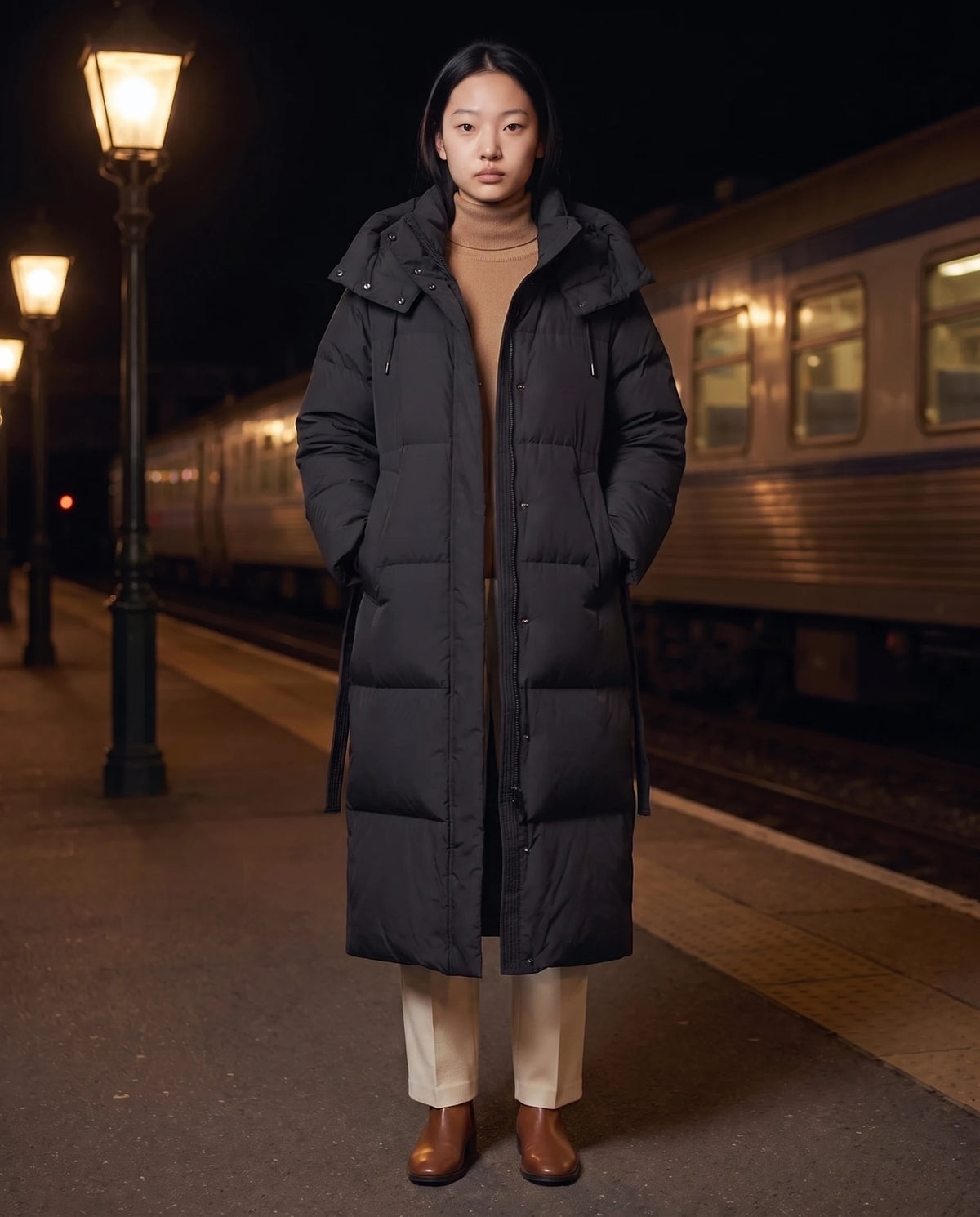 Doudoune maxi oversize à capuche et pressions Marine en Noir, portée sur un quai de gare la nuit