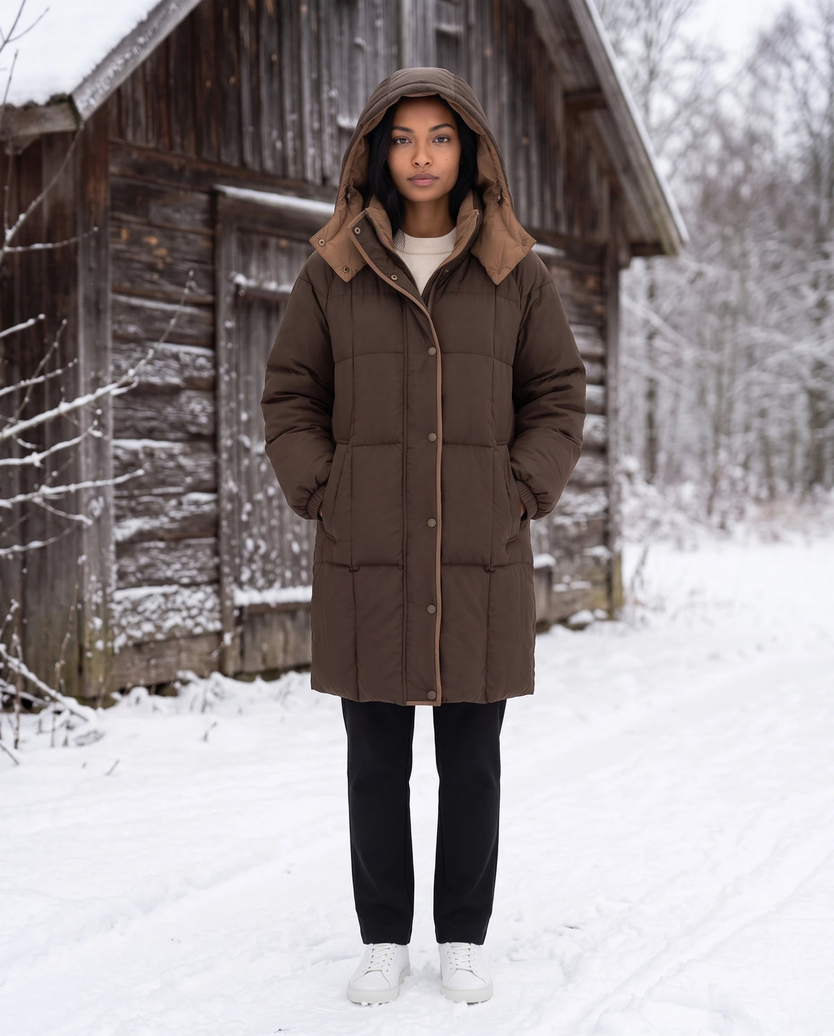 Mittellange Winterjacke mit Kapuze und Kontrastfutter Alexia in Braun, getragen mit Kapuze vor einer verschneiten Holzscheune