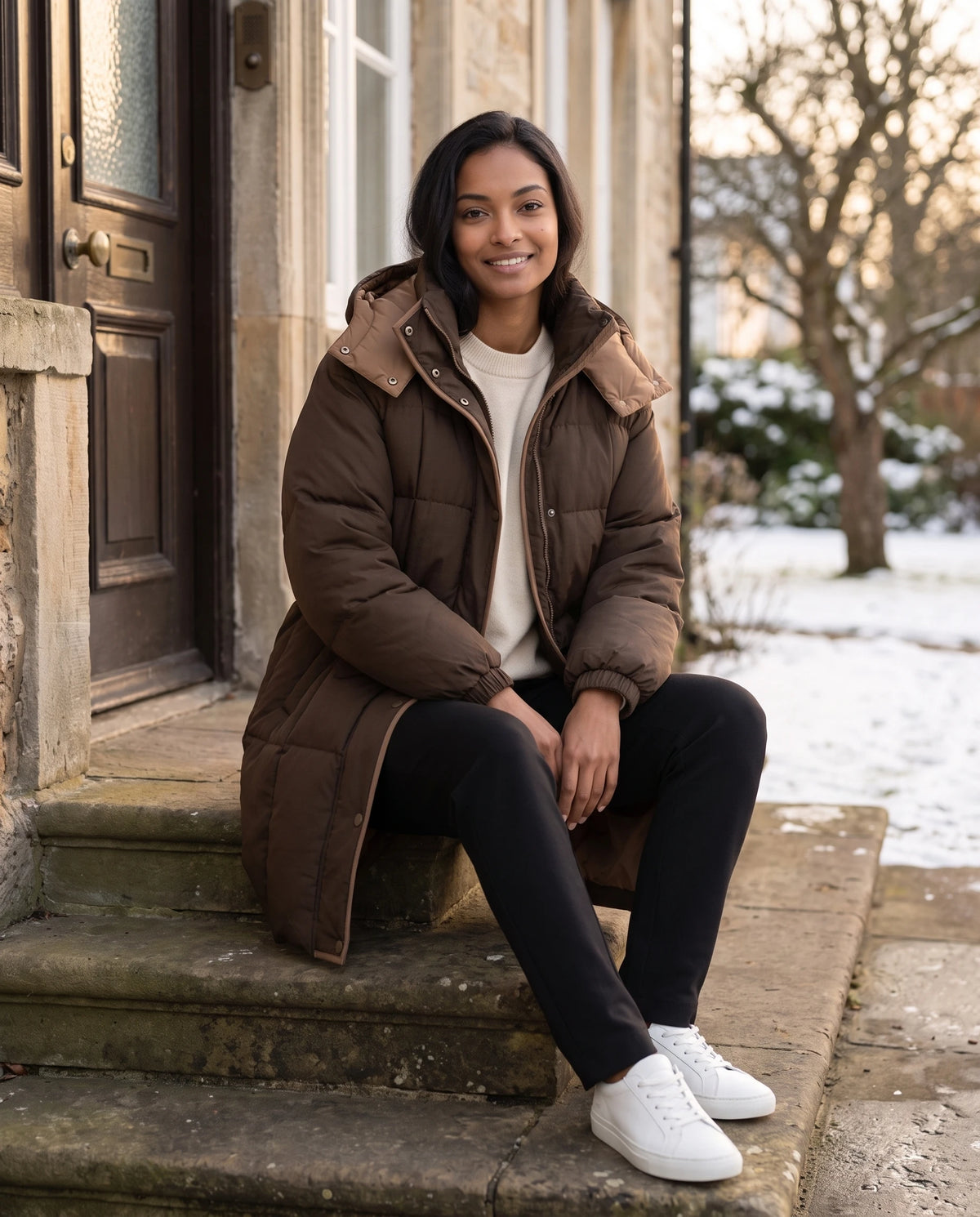 Mittellange Winterjacke mit Kapuze und Kontrastfutter Alexia in Braun, getragen auf der Treppe eines Steinhauses am Abend