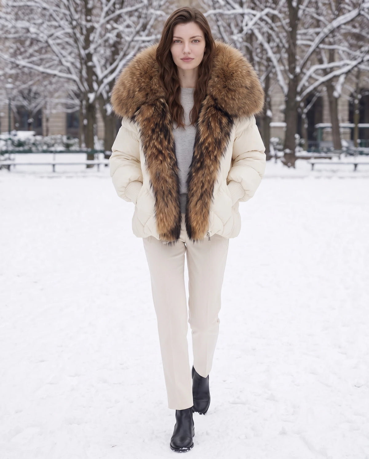 Doudoune oversize à col châle fausse fourrure Sabrina en Beige, portée sur une place enneigée aux arbres nus, col relevé