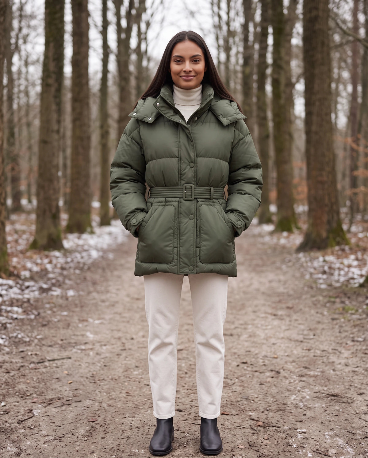 Doudoune oversize mi-cuisse à capuche et ceinture à boucle Sophia en Kaki, portée dans une allée forestière en hiver