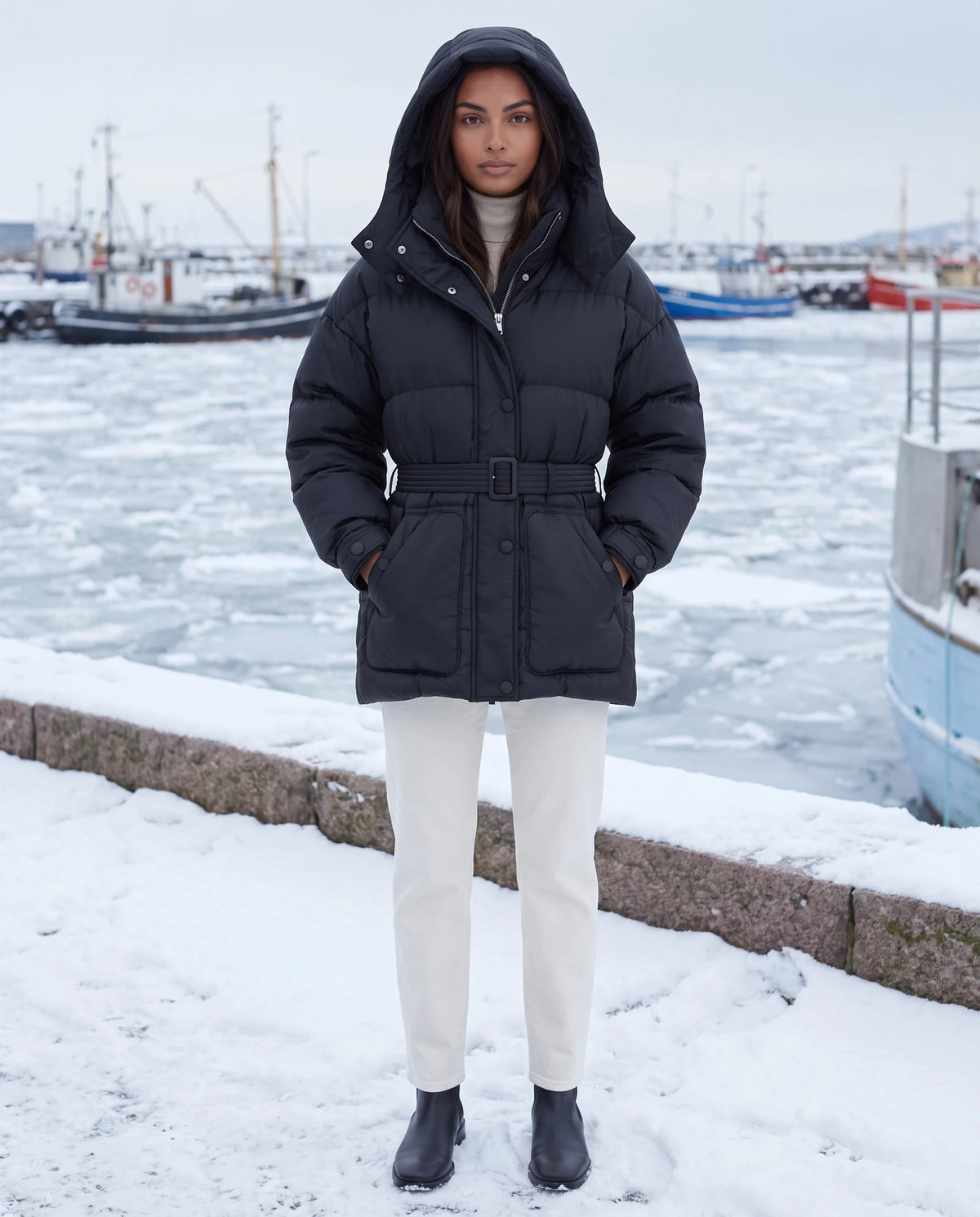 Doudoune oversize mi-cuisse à capuche et ceinture à boucle Sophia en Noir, portée capuche relevée sur un quai enneigé au bord d'un port gelé