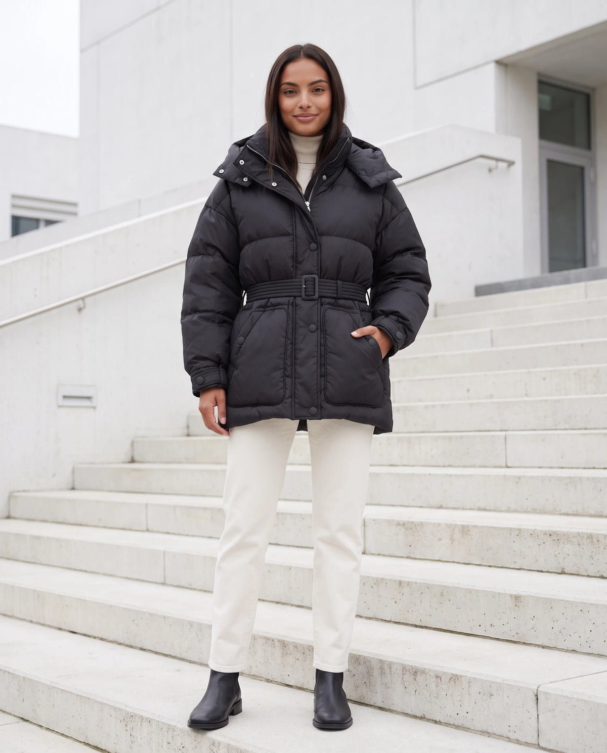 Doudoune oversize mi-cuisse à capuche et ceinture à boucle Sophia en Noir, portée devant un bâtiment blanc moderne à grand escalier