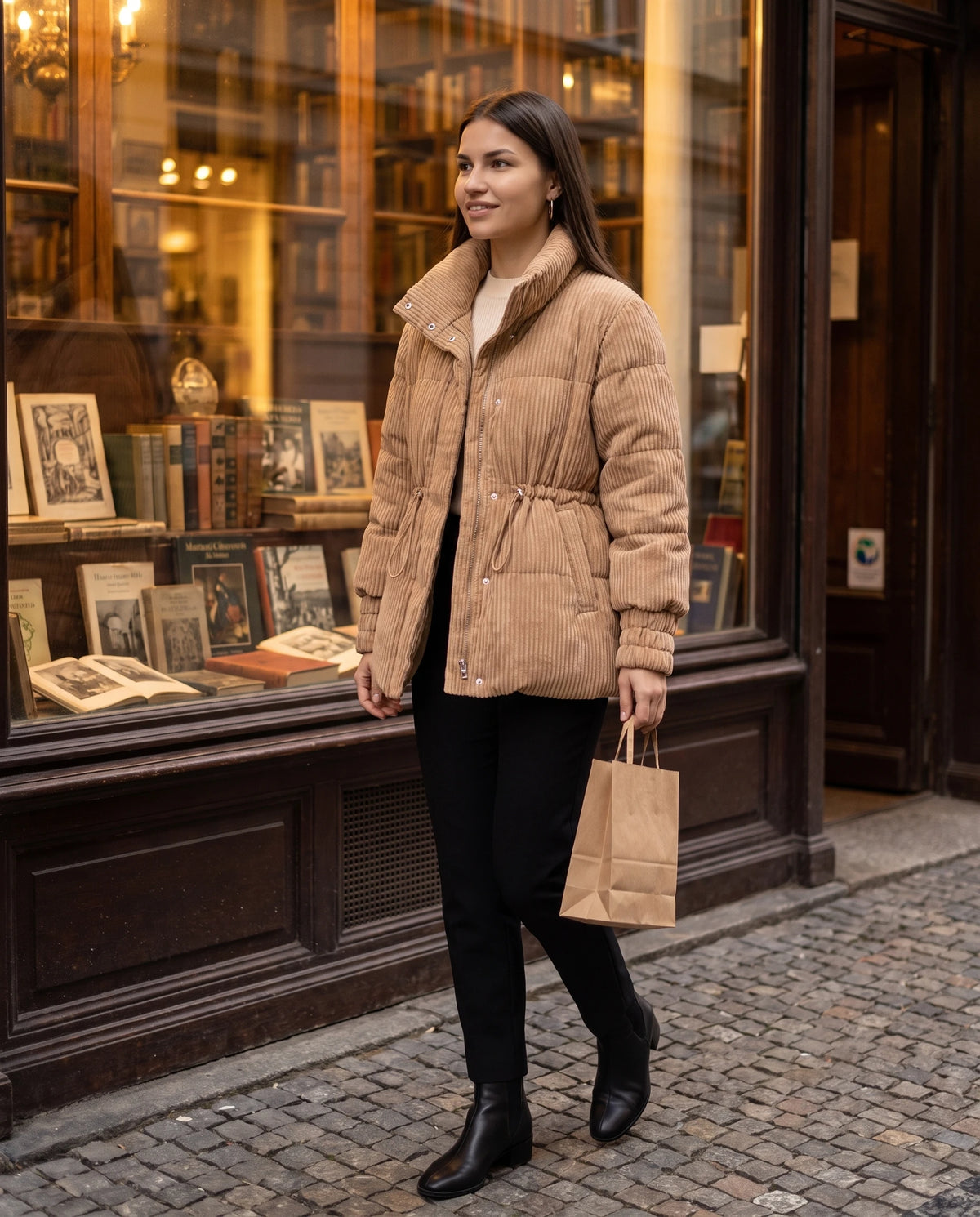 Halblange Plissee-Steppjacke Ilaria in Camel, getragen vor einem alten Buchladen