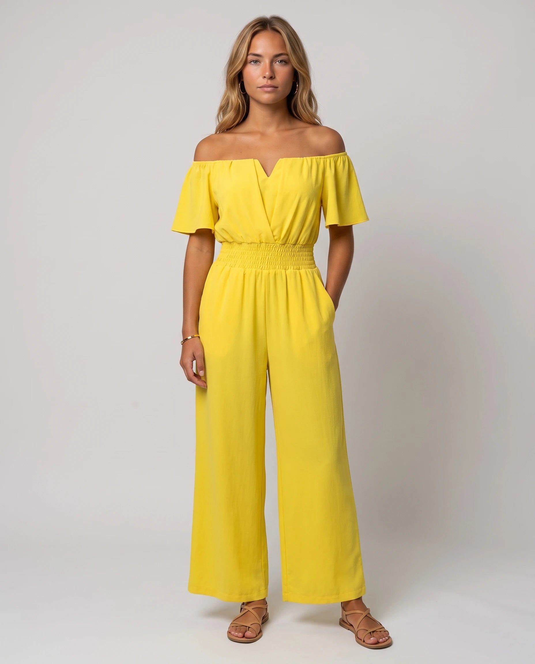 Combinaison bardot Pivoine Jaune, vue de face studio