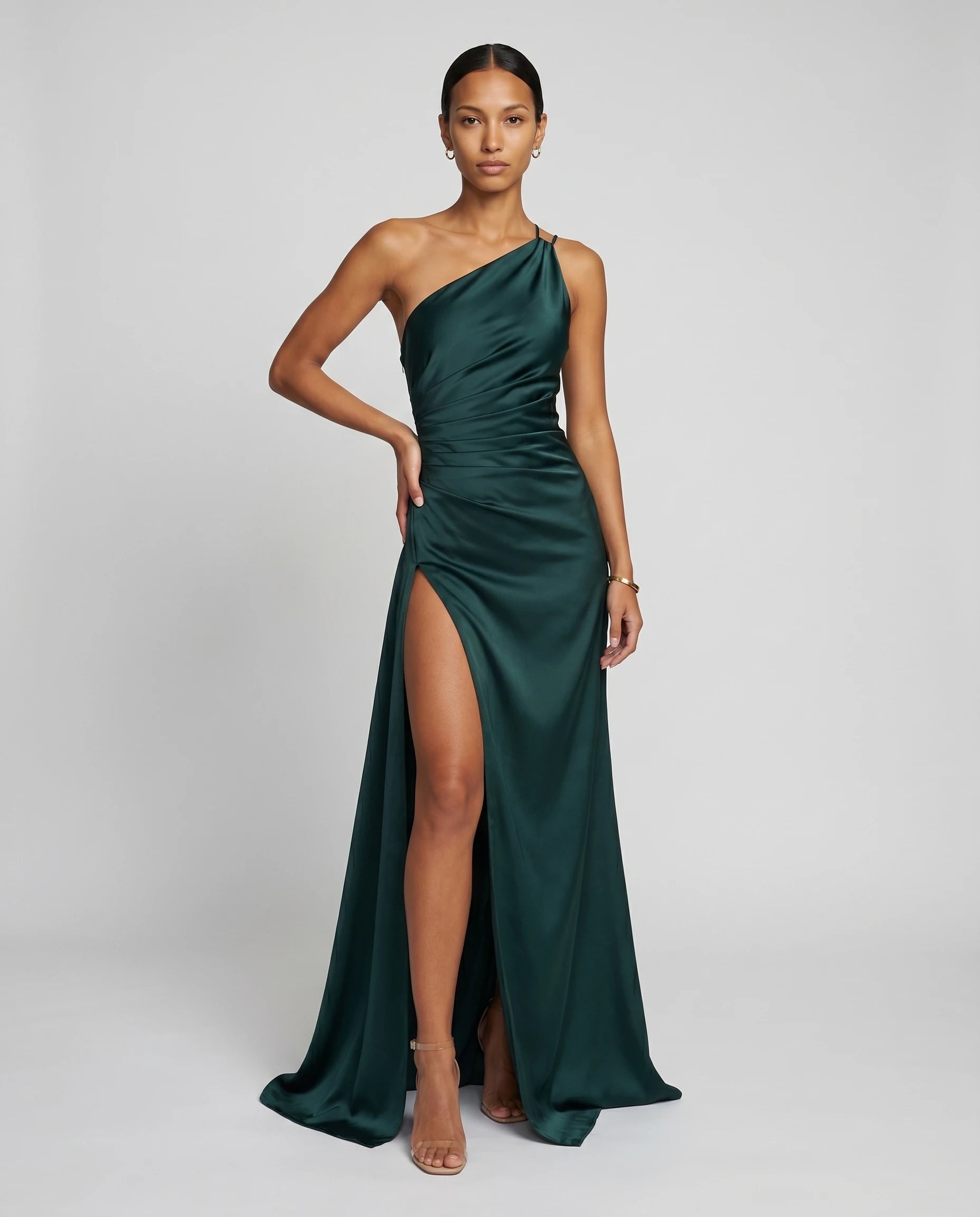 Robe longue en satin une epaule - Emeraude - Ines