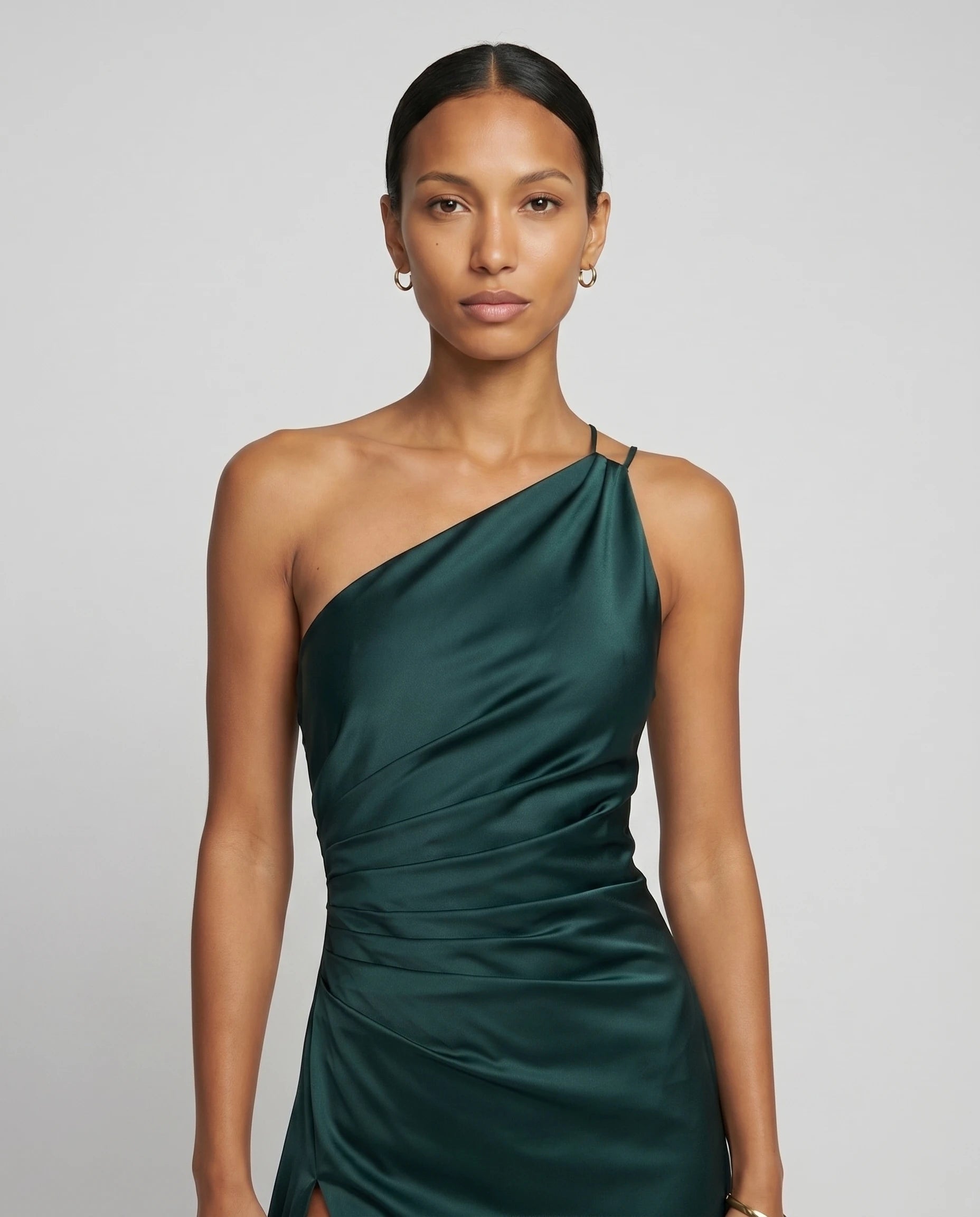 Robe longue en satin une epaule - Emeraude - Ines