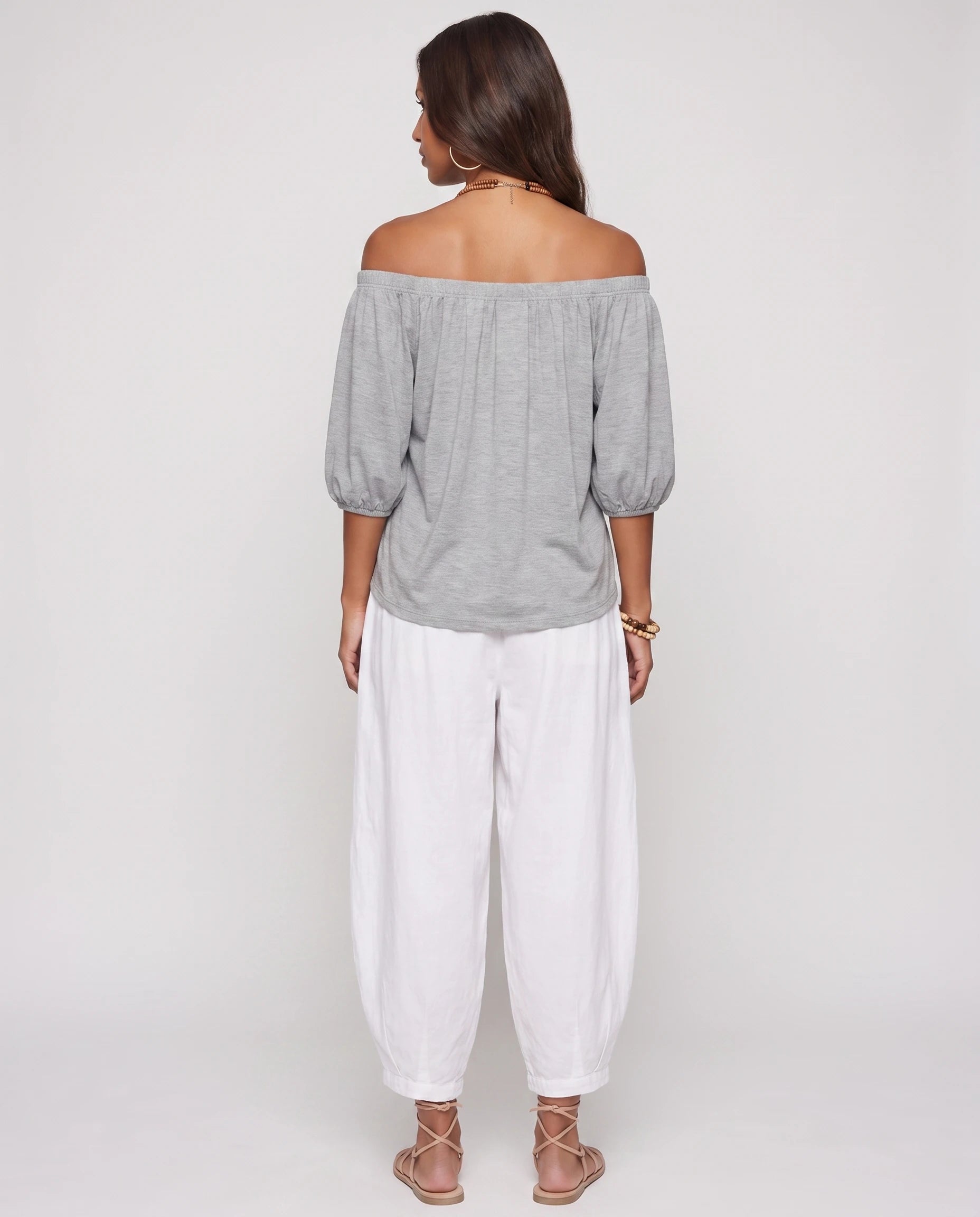 Ensemble epaules denudees et pantalon sarouel Gris vue de dos studio - Lorene | Zolena