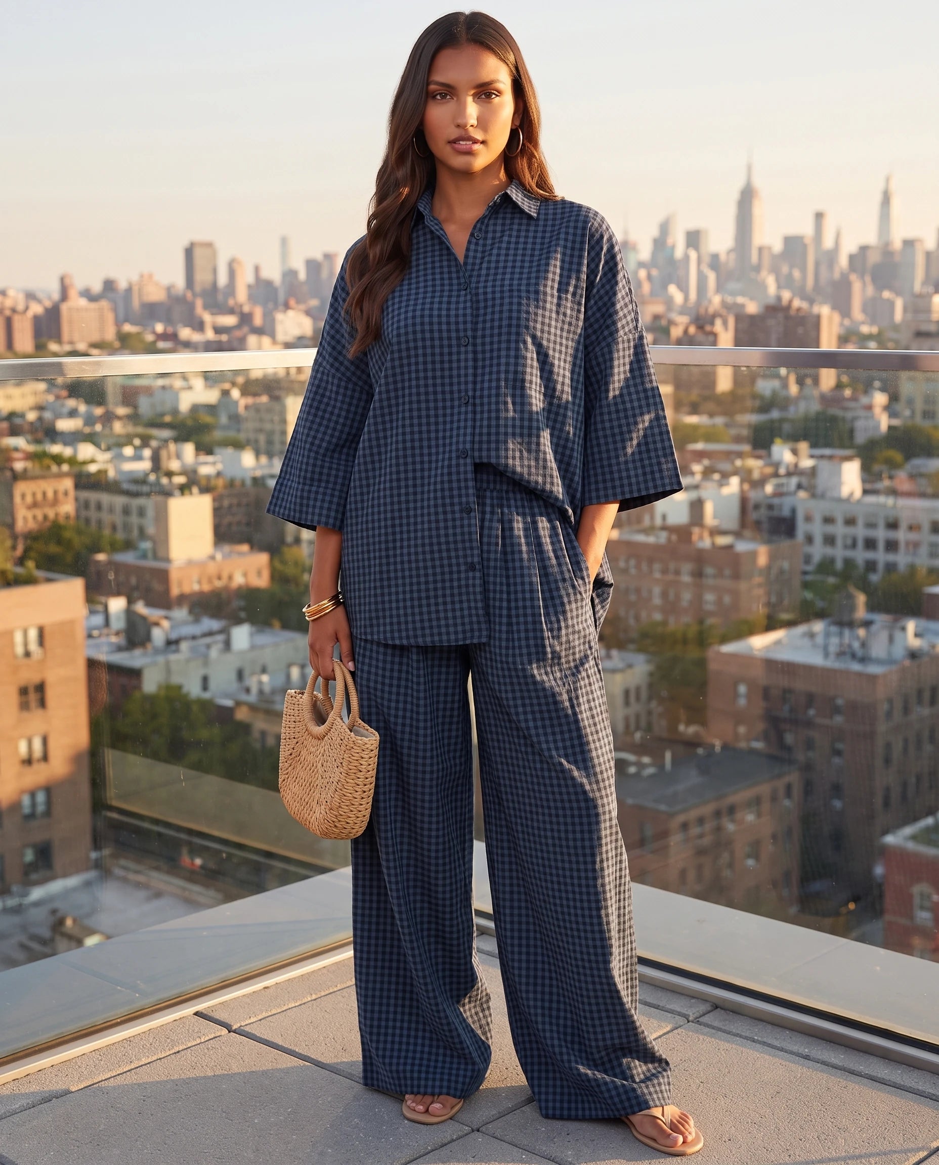 Ensemble chemise oversize et pantalon a carreaux Bleu Marine porté sur un rooftop à l heure dorée - Cyrielle | Zolena