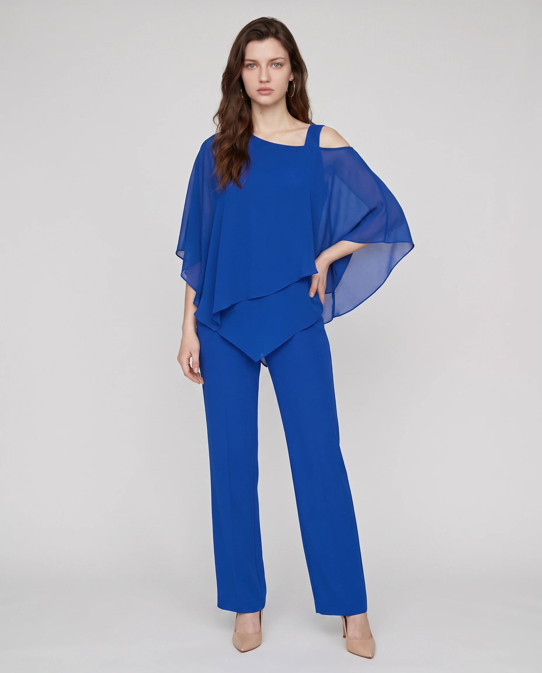 Ensemble top chiffon asymétrique et pantalon Solange — Bleu Roi — vue face studio