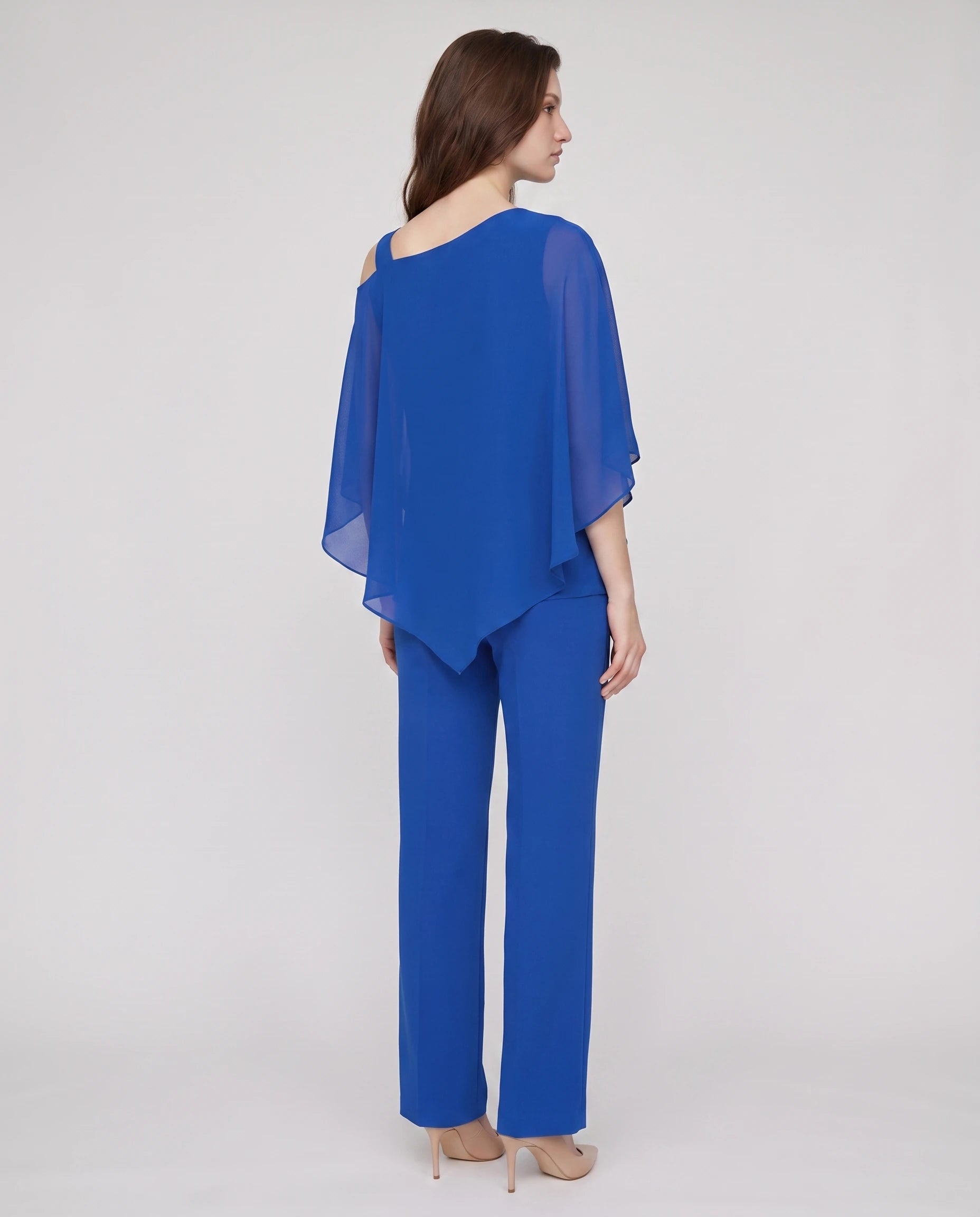 Ensemble top chiffon asymétrique et pantalon Solange — Bleu Roi — vue dos studio