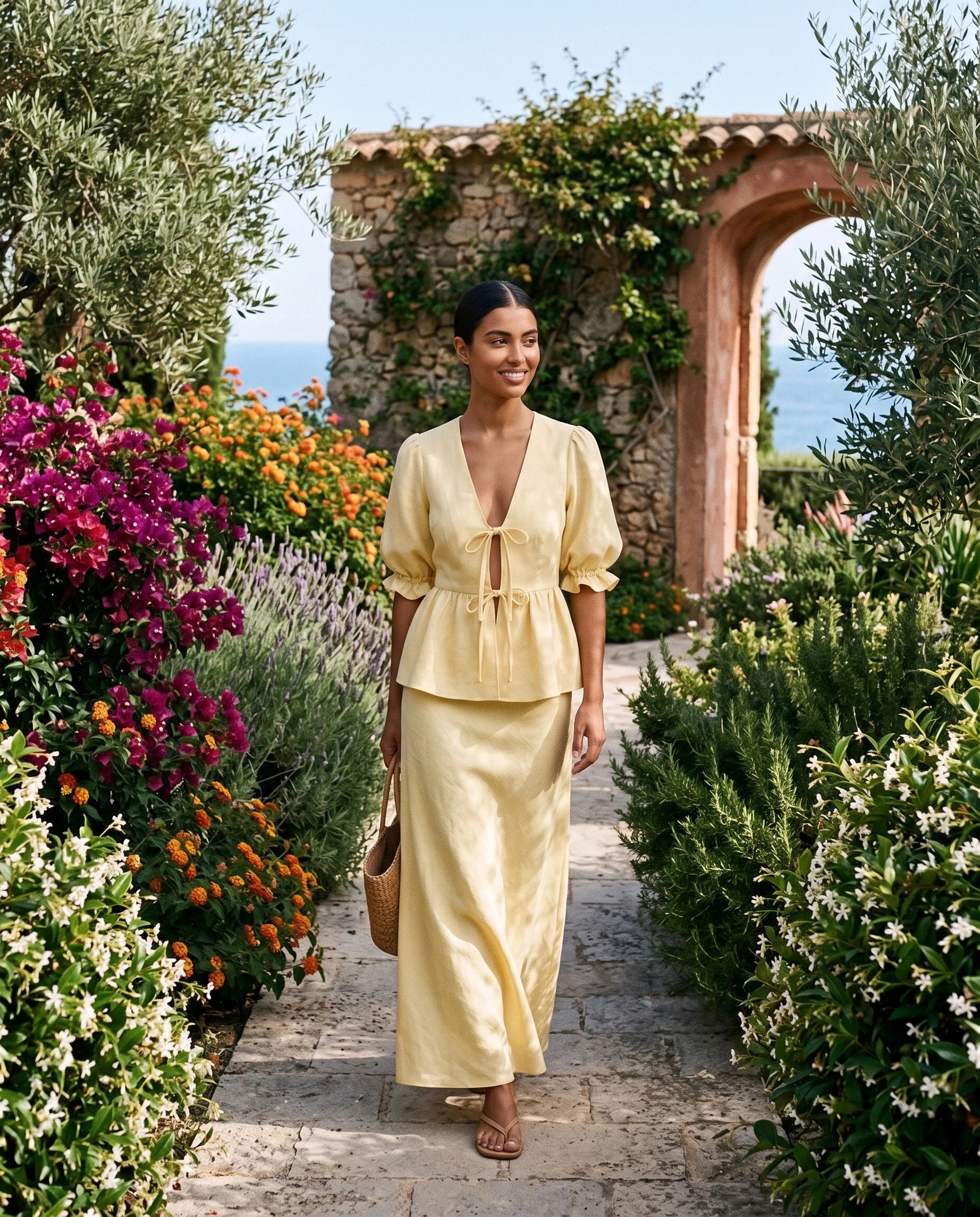Ensemble blouse nouée et jupe longue en coton Roselyne — Jaune Pâle, en situation