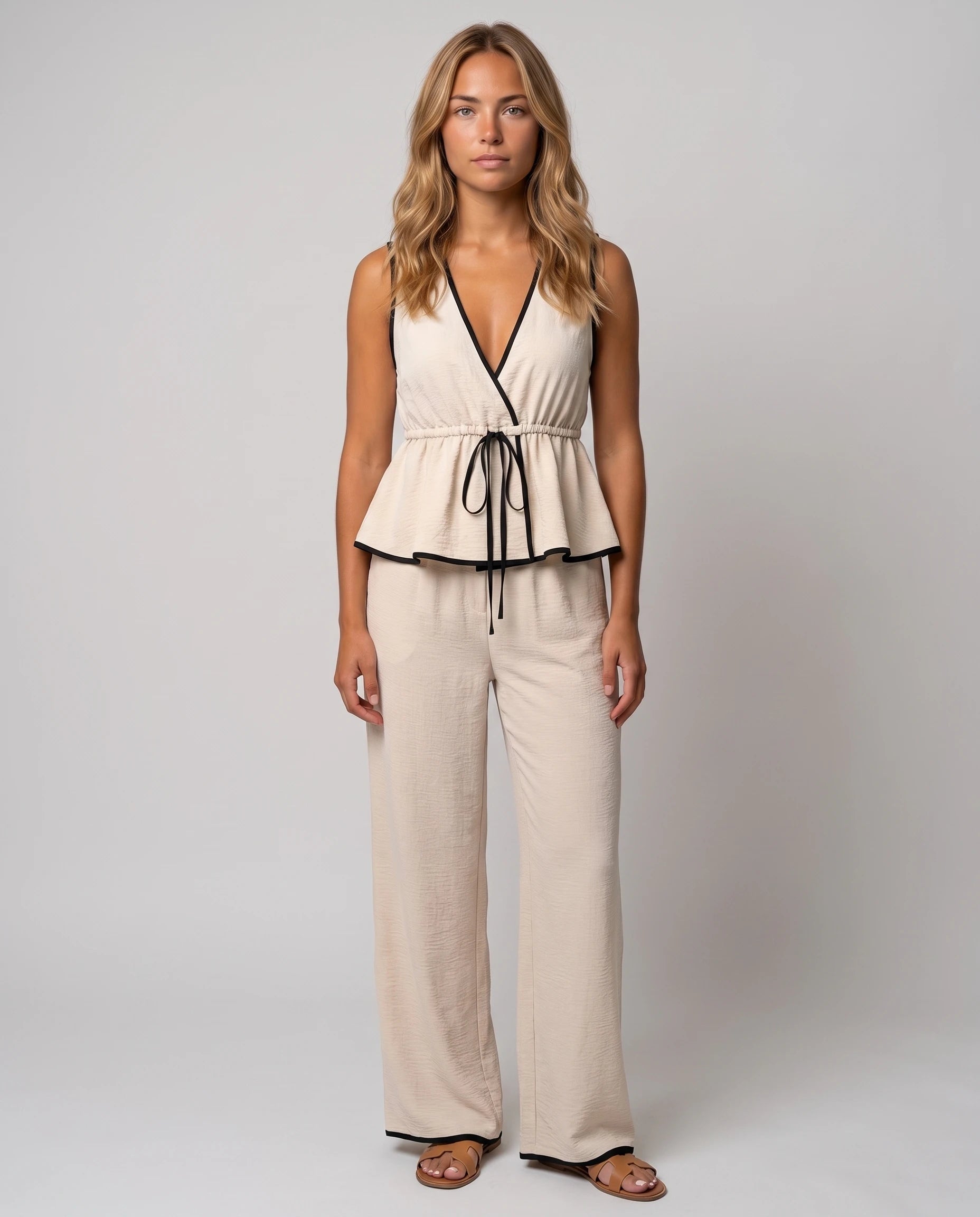 Ensemble gilet col V et pantalon large Mahaut Écru à Liseré Noir, vue de face en studio