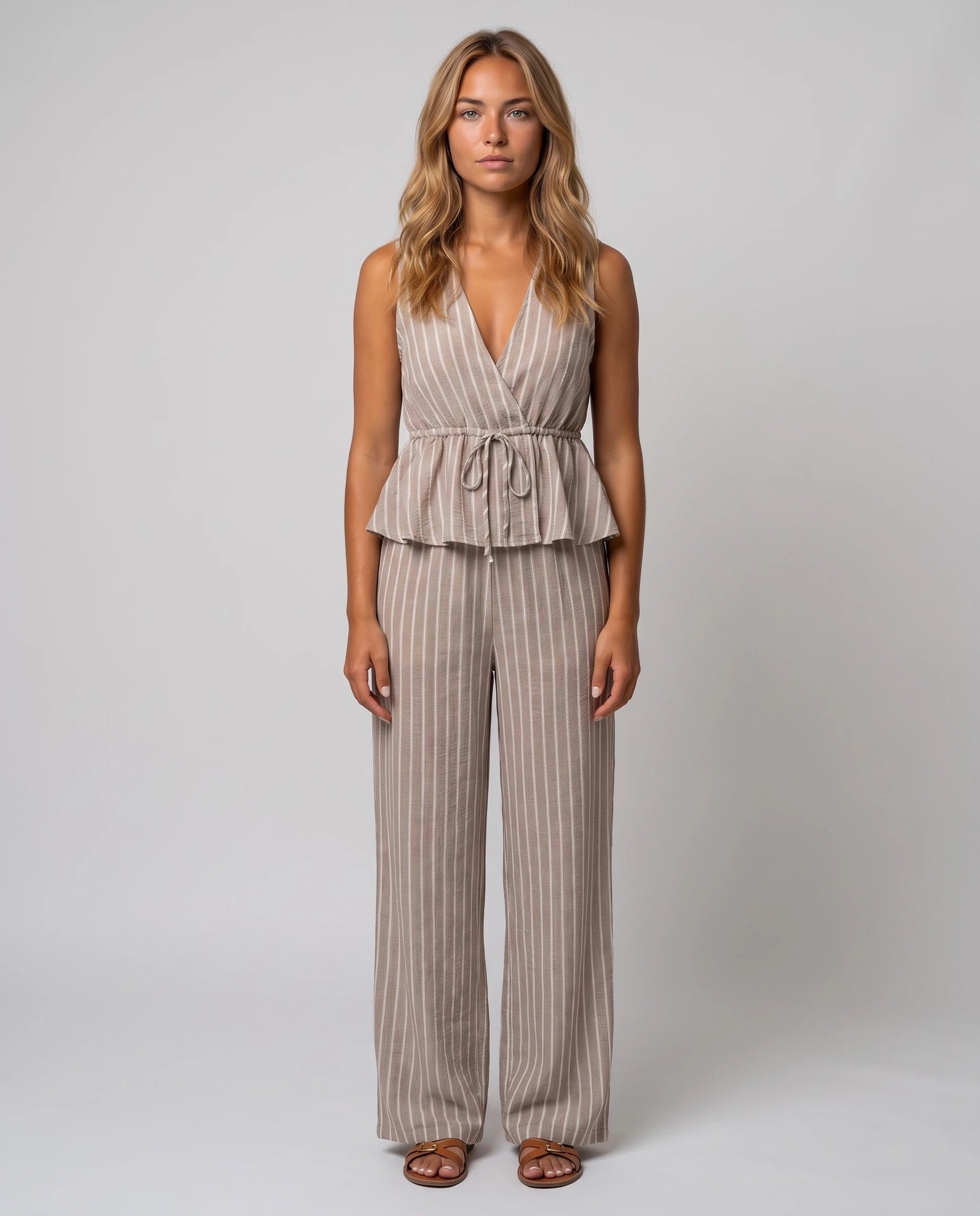 Ensemble gilet col V et pantalon large Mahaut Grège, vue de face en studio