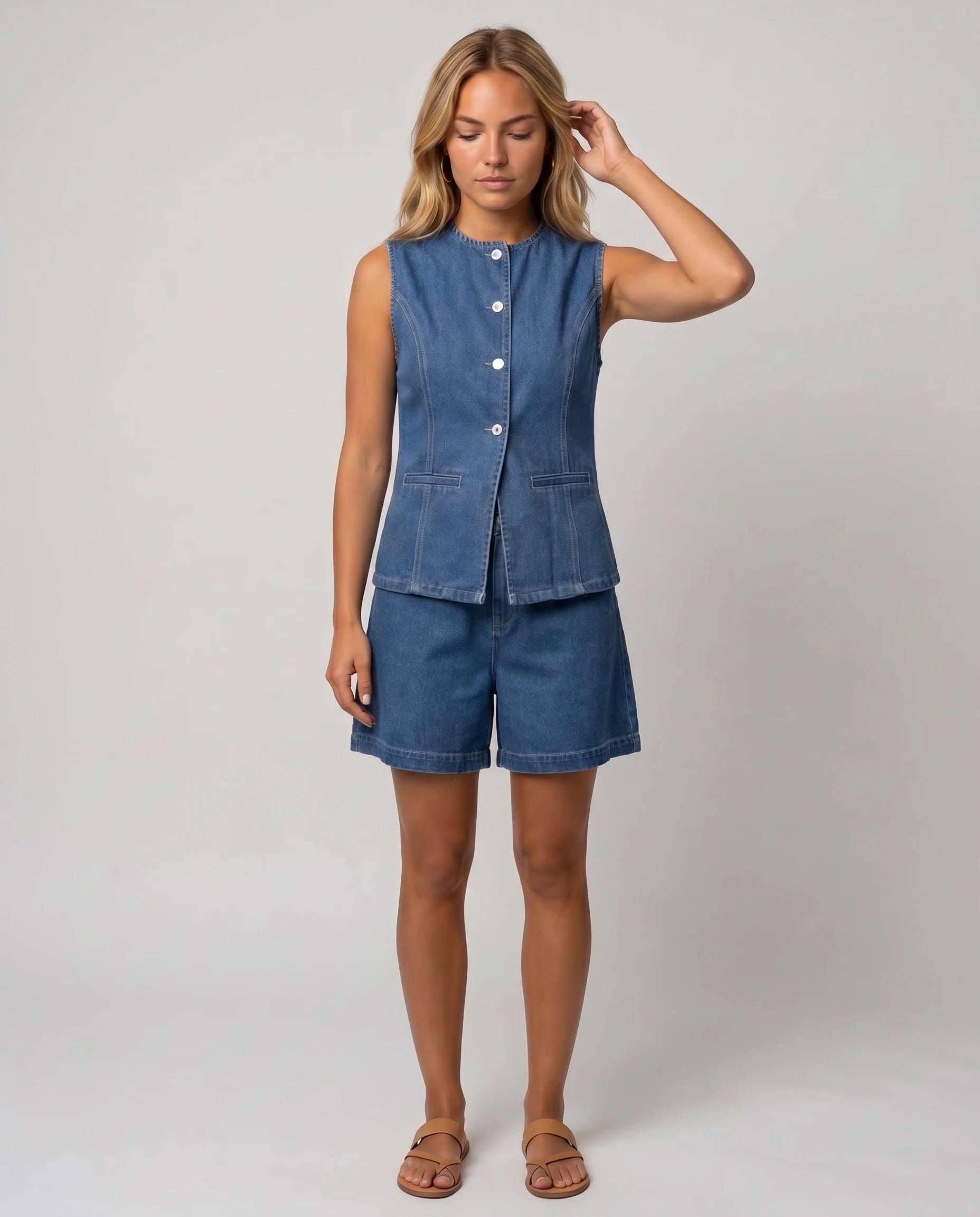 Ensemble gilet et short en jean Perrine — Bleu Denim — vue trois-quarts studio
