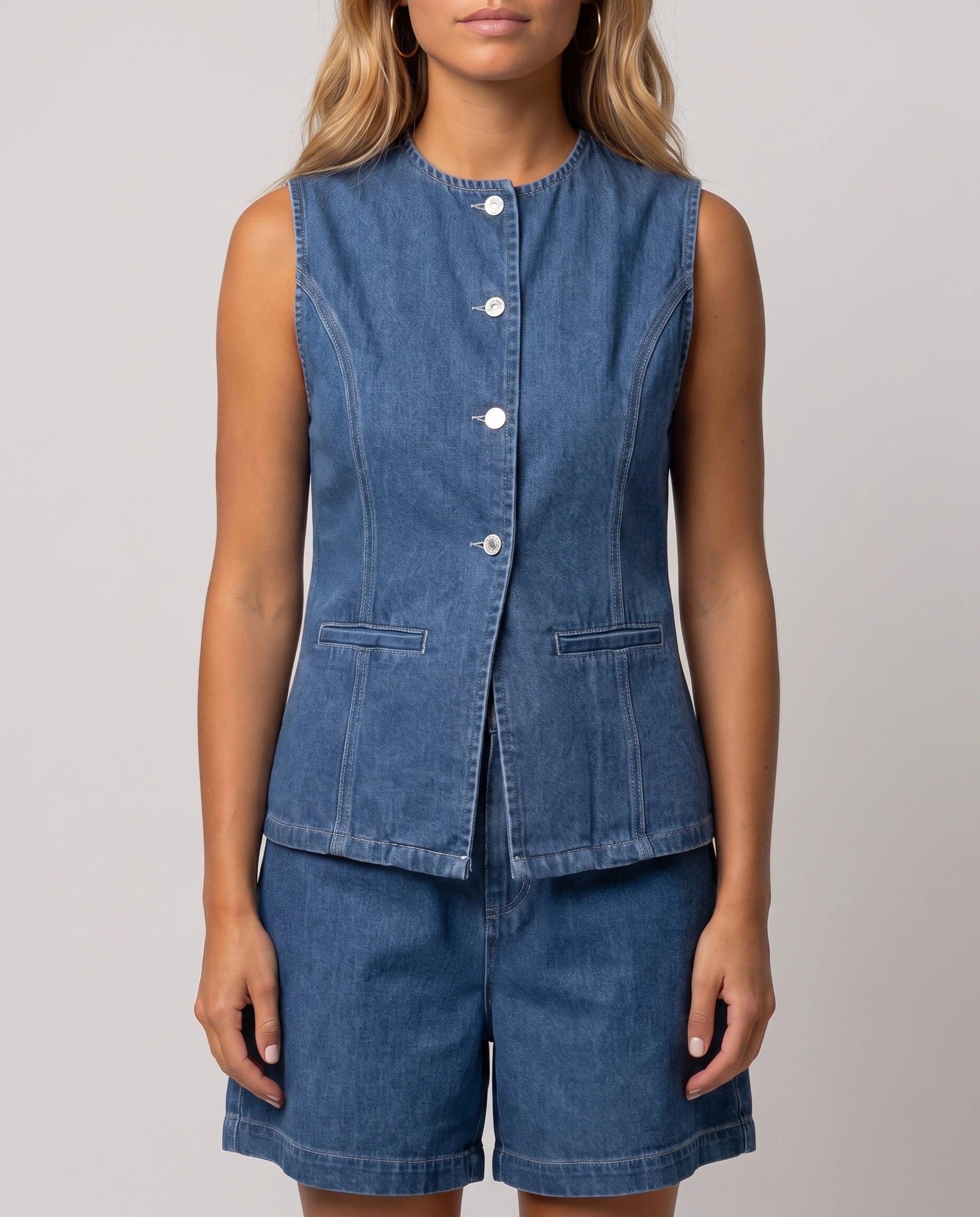Ensemble gilet et short en jean Perrine — Bleu Denim — détail boutons et poches