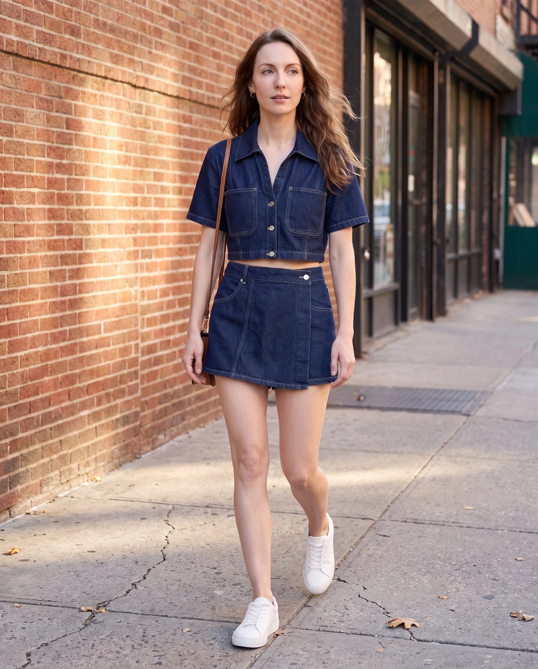 Ensemble veste courte et jupe-short en jean Bleu Denim, porté en extérieur