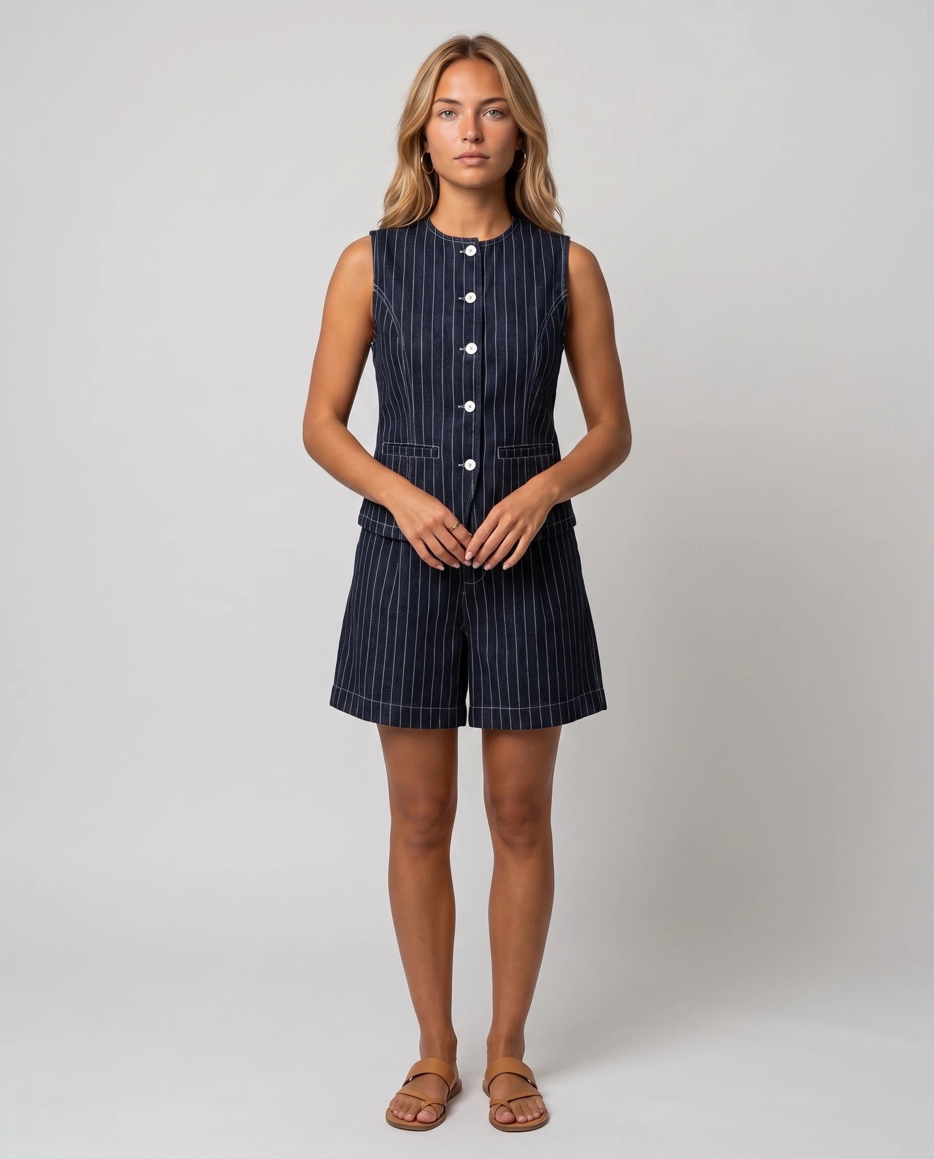 Ensemble gilet et short en jean Perrine — Rayé Marine — vue face studio
