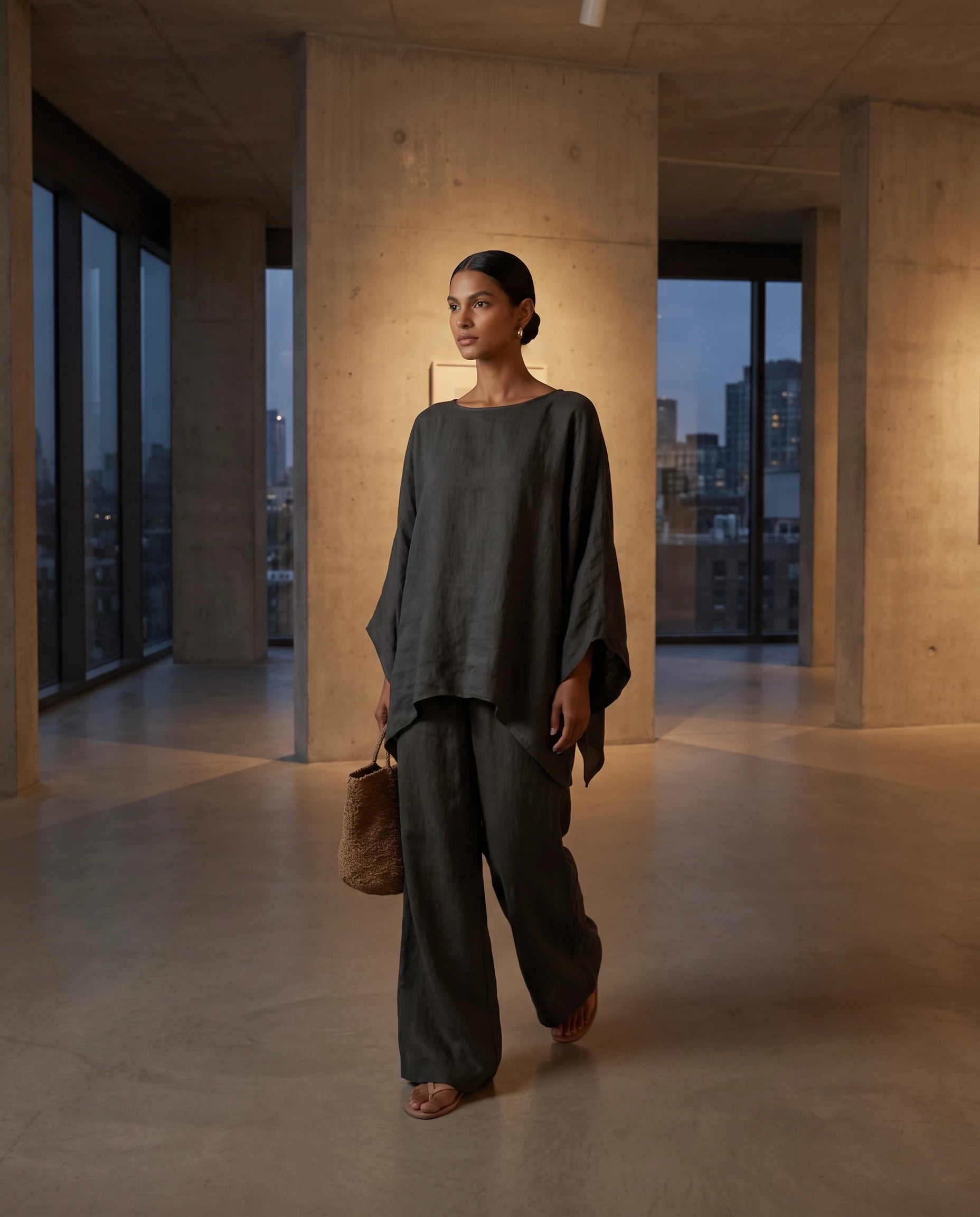 Ensemble tunique oversize et pantalon large en lin Eudoxie, coloris Anthracite, portee en exterieur, ambiance lifestyle