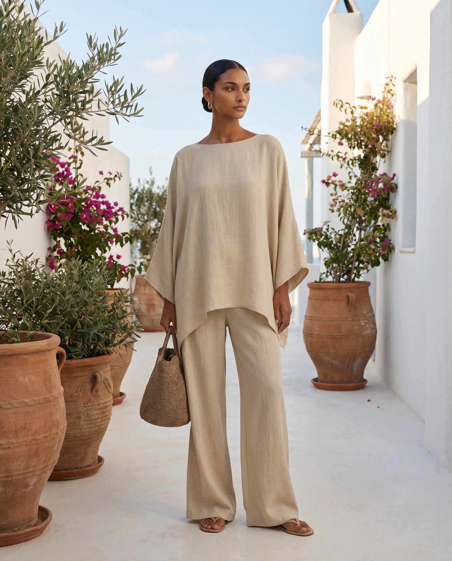 Ensemble tunique oversize et pantalon large en lin Eudoxie, coloris Beige, portee en exterieur, seconde ambiance lifestyle