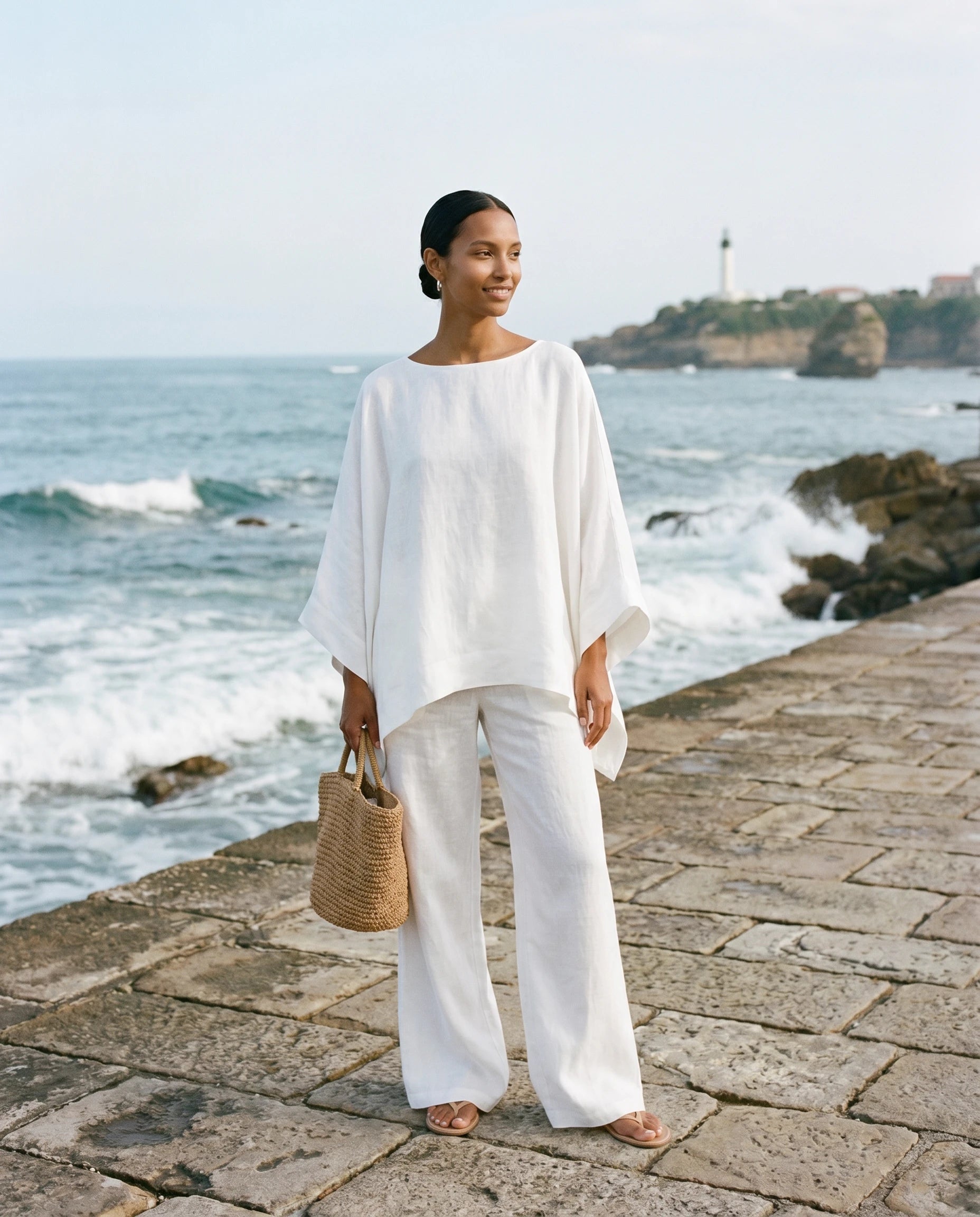 Ensemble tunique oversize et pantalon large en lin Eudoxie, coloris Blanc, portee en exterieur, seconde ambiance lifestyle