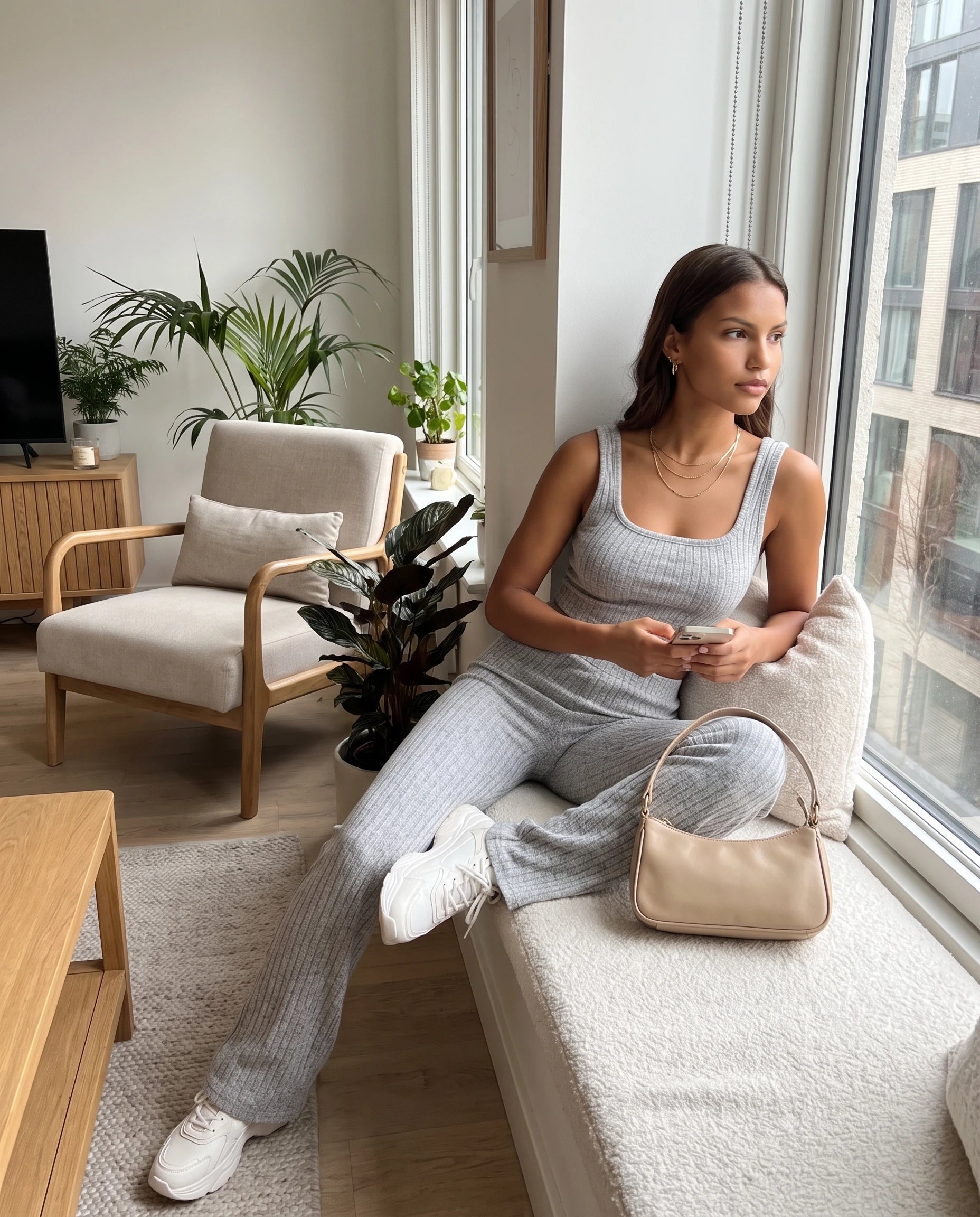 Ensemble top court et pantalon en maille cotelee Gris Chiné portee dans un appartement lumineux - Elvire | Zolena