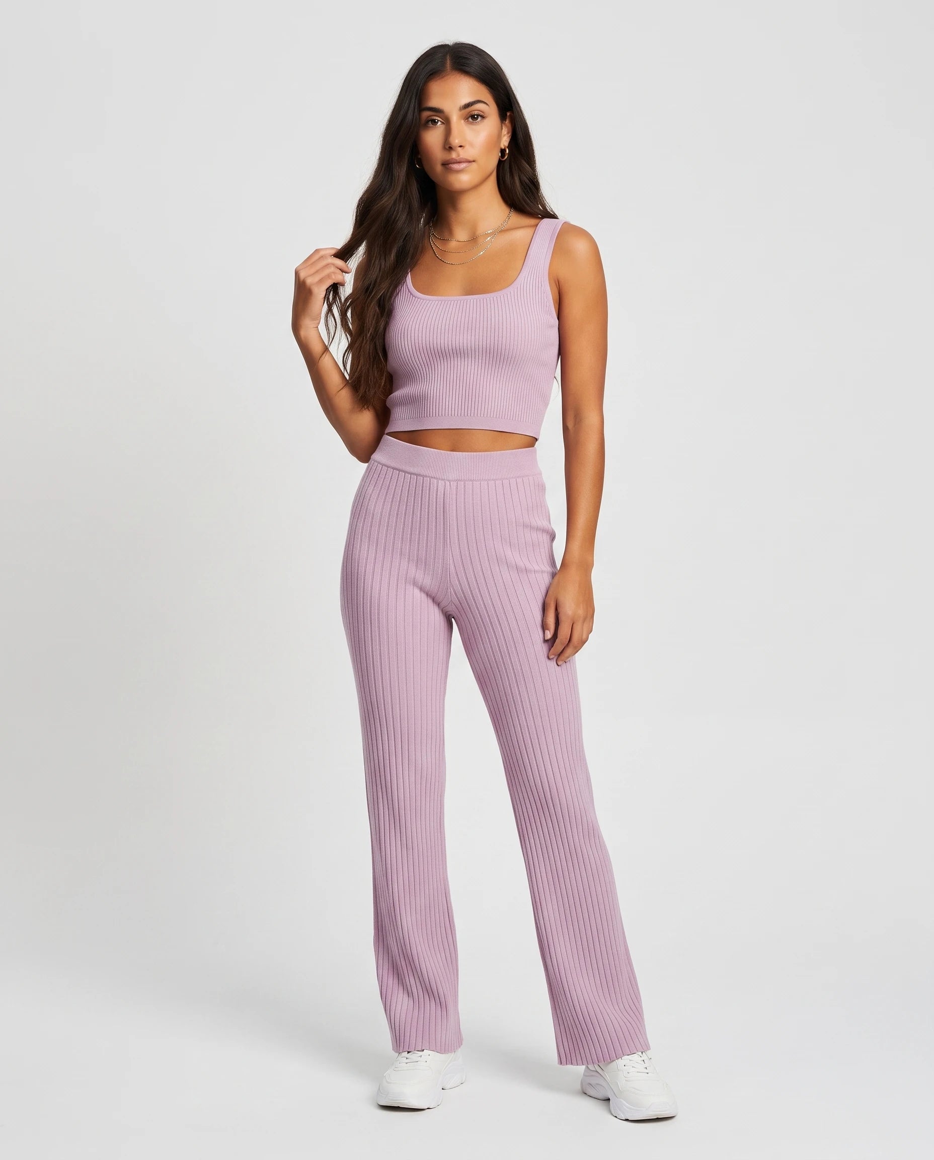 Ensemble top court et pantalon en maille cotelee Lilas vue de face studio - Elvire | Zolena
