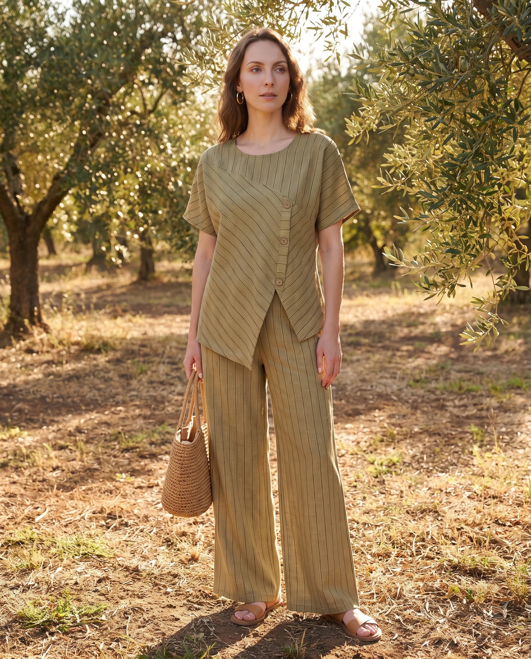 Ensemble top raye asymetrique et pantalon large Kaki porté dans une oliveraie - Amandine | Zolena