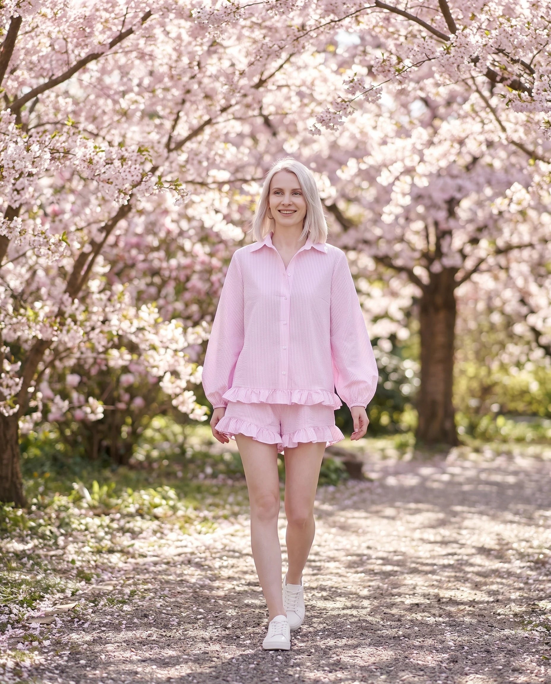 Ensemble chemise manches ballon et short à ruches Rosine — Rose — portée, lifestyle 2