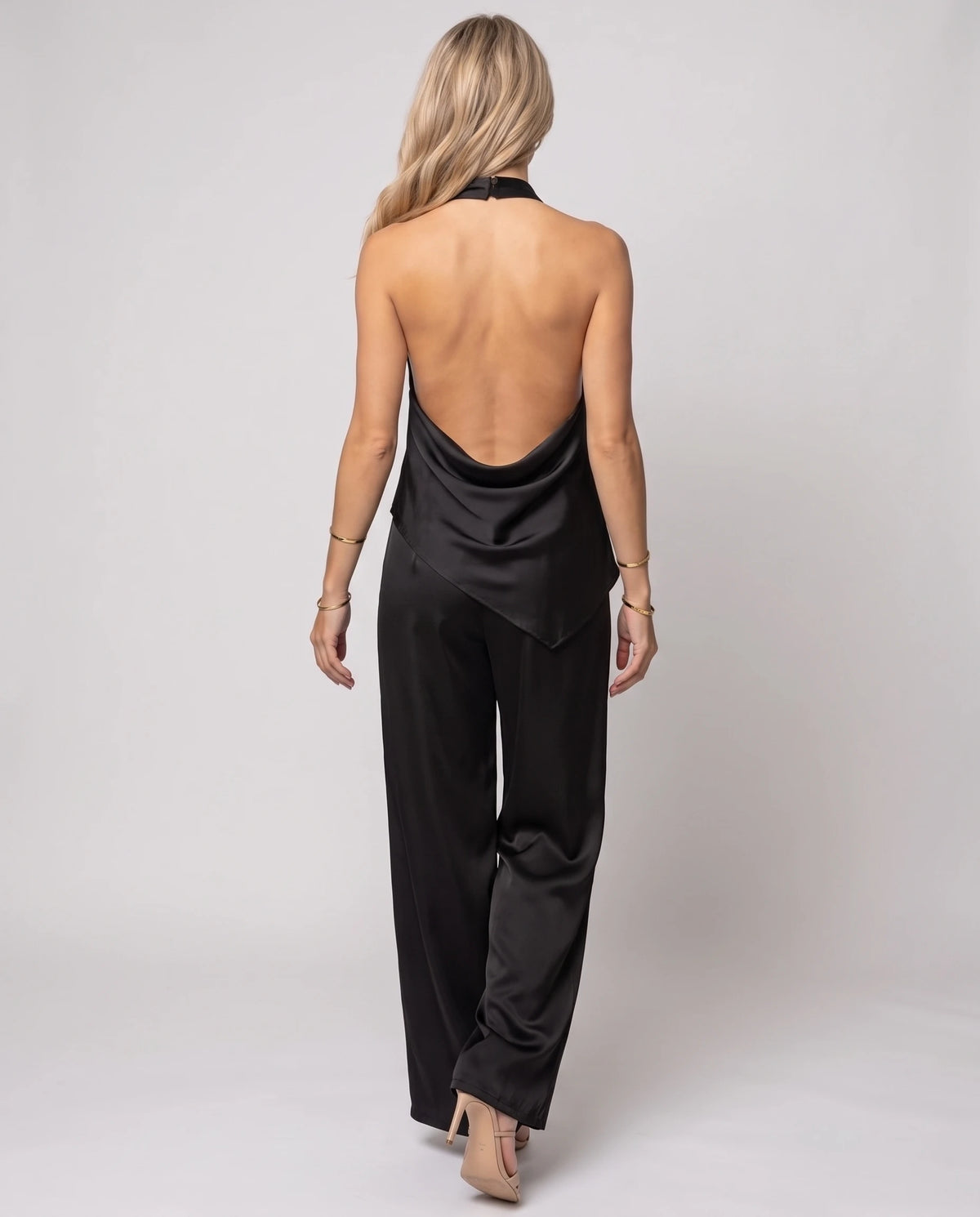 Ensemble top satin dos nu et pantalon large Vinciane — Noir — vue dos nu drapé