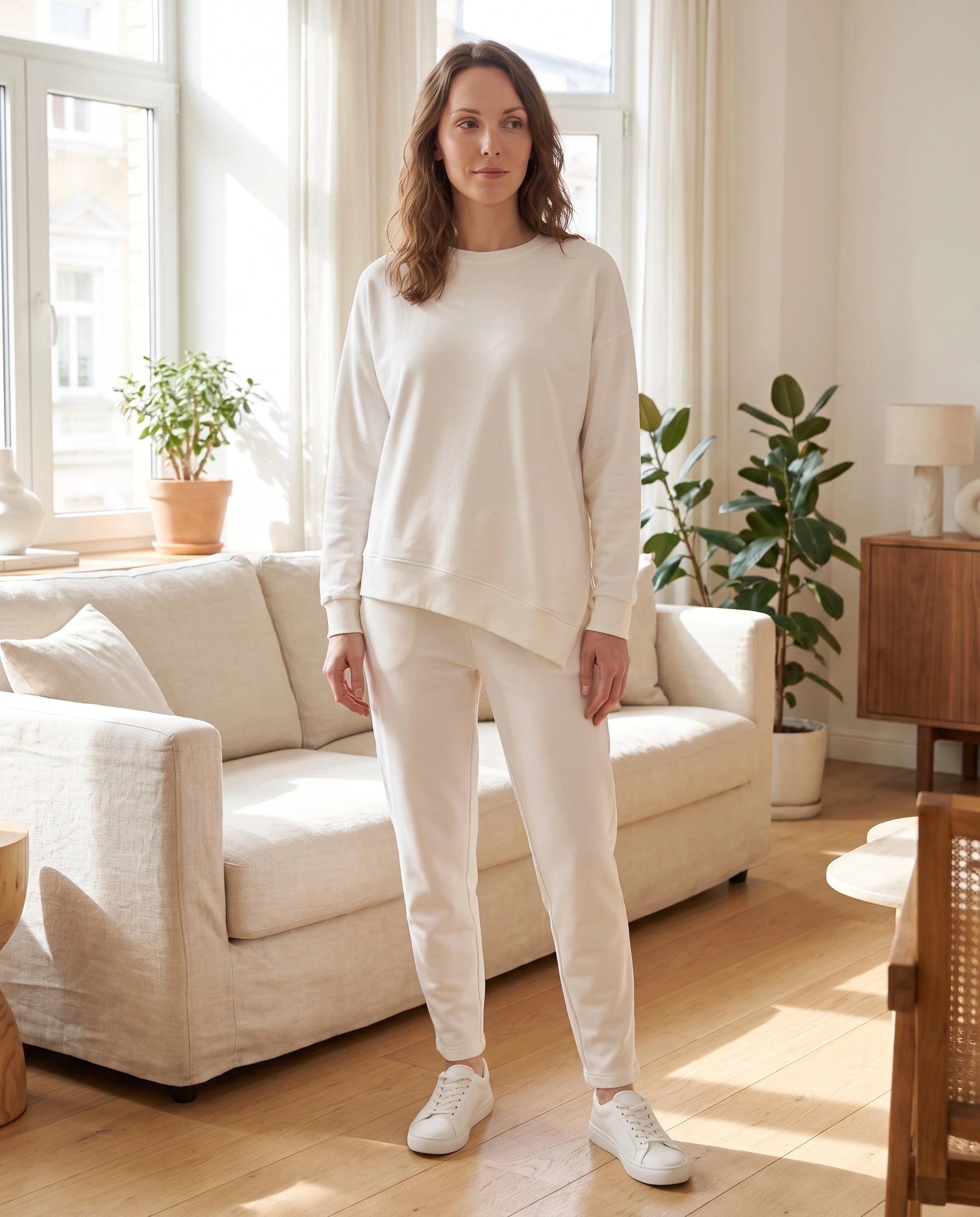 Ensemble sweat asymétrique et pantalon Bénédicte — Blanc — portée, lifestyle