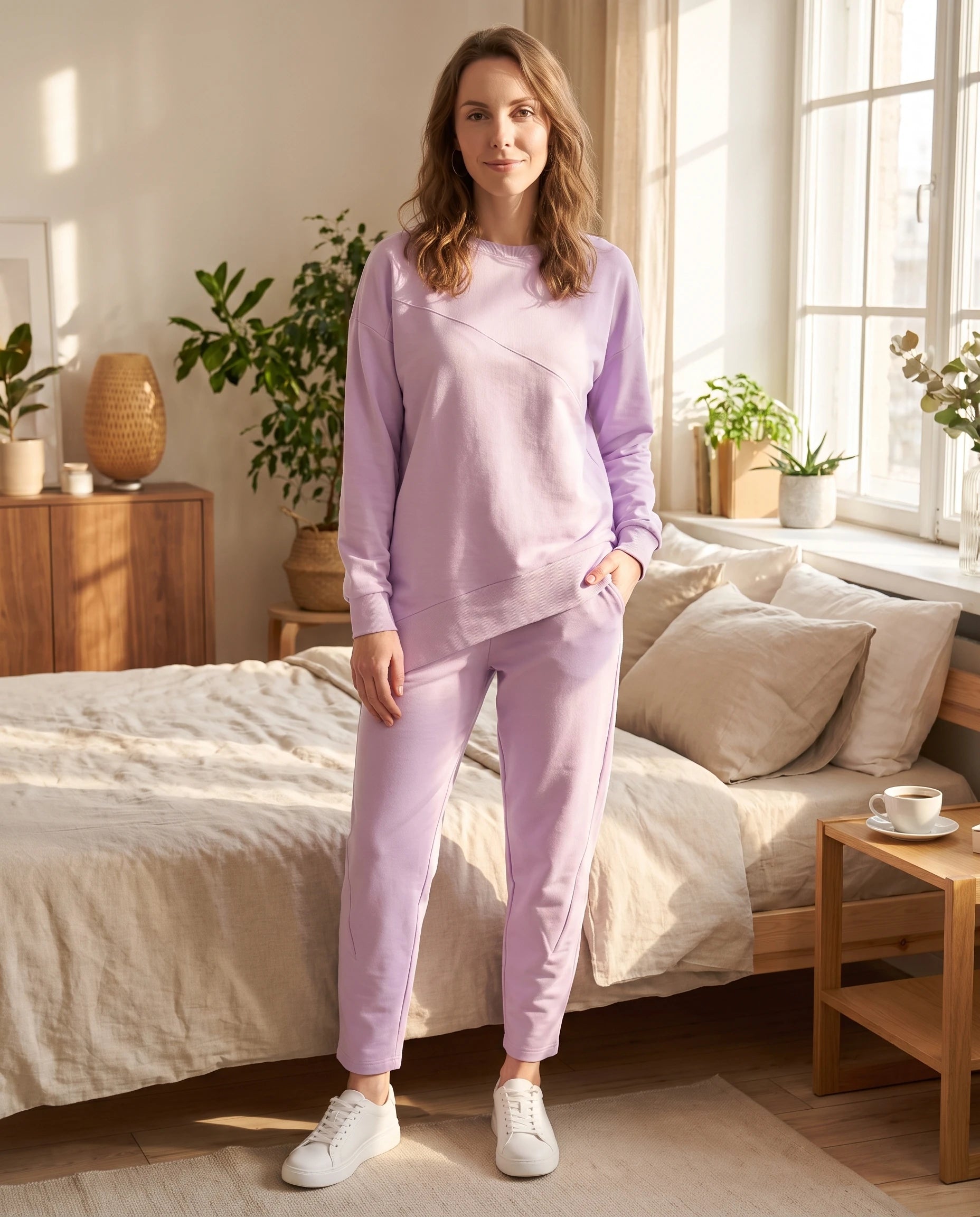 Ensemble sweat asymétrique et pantalon Bénédicte — Lavande — portée, lifestyle
