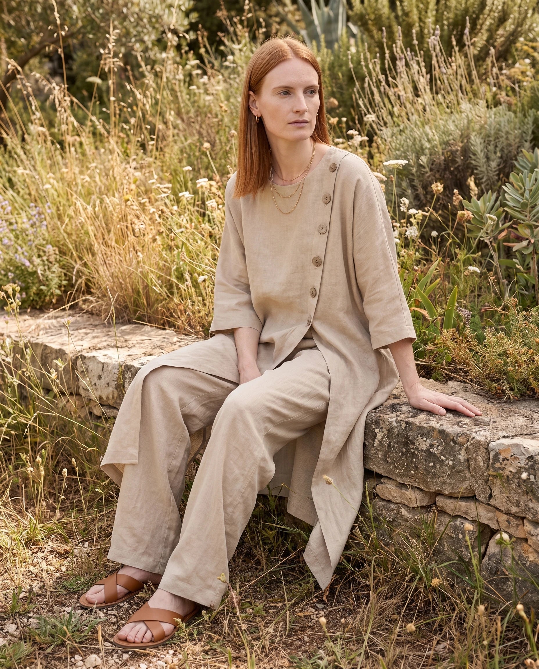 Ensemble tunique longue en lin et pantalon large Beige assise dans un jardin naturel - Ombeline | Zolena