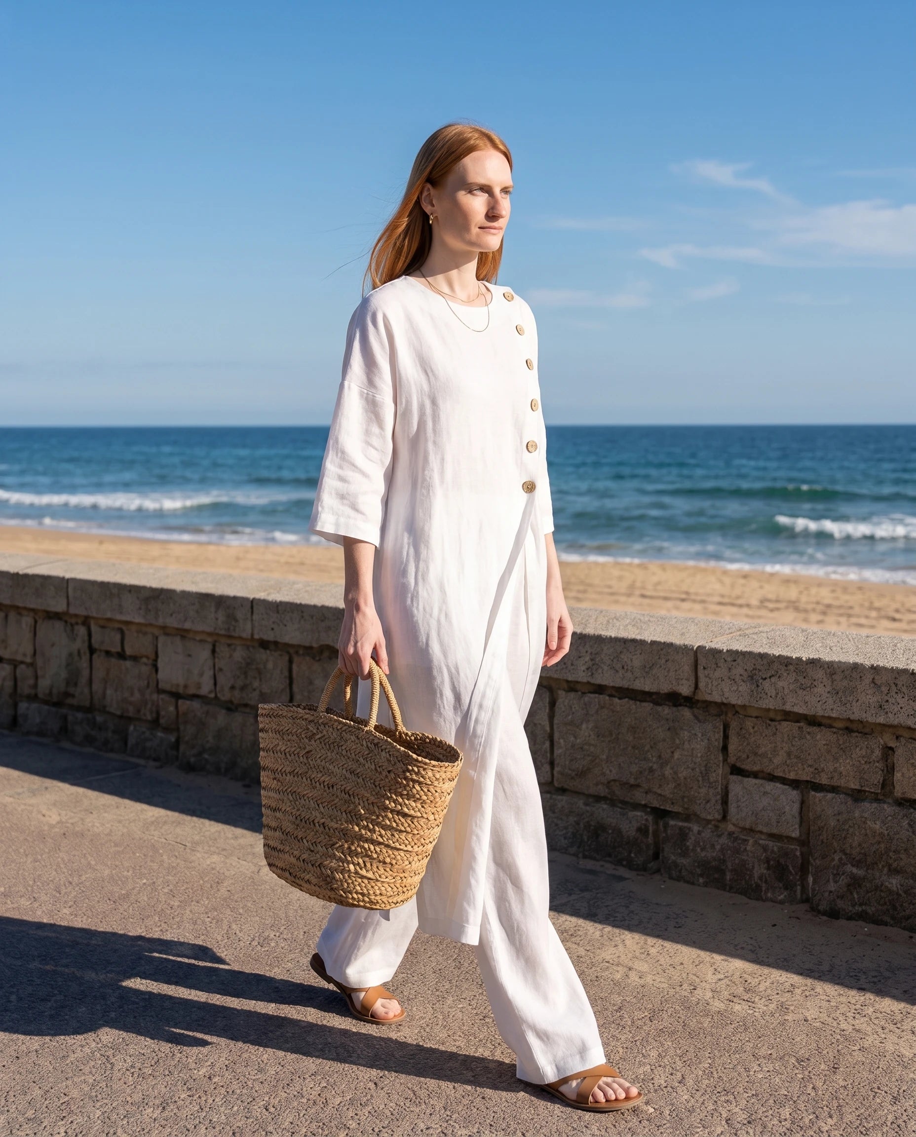 Ensemble tunique longue en lin et pantalon large Blanc sur une promenade en bord de mer - Ombeline | Zolena