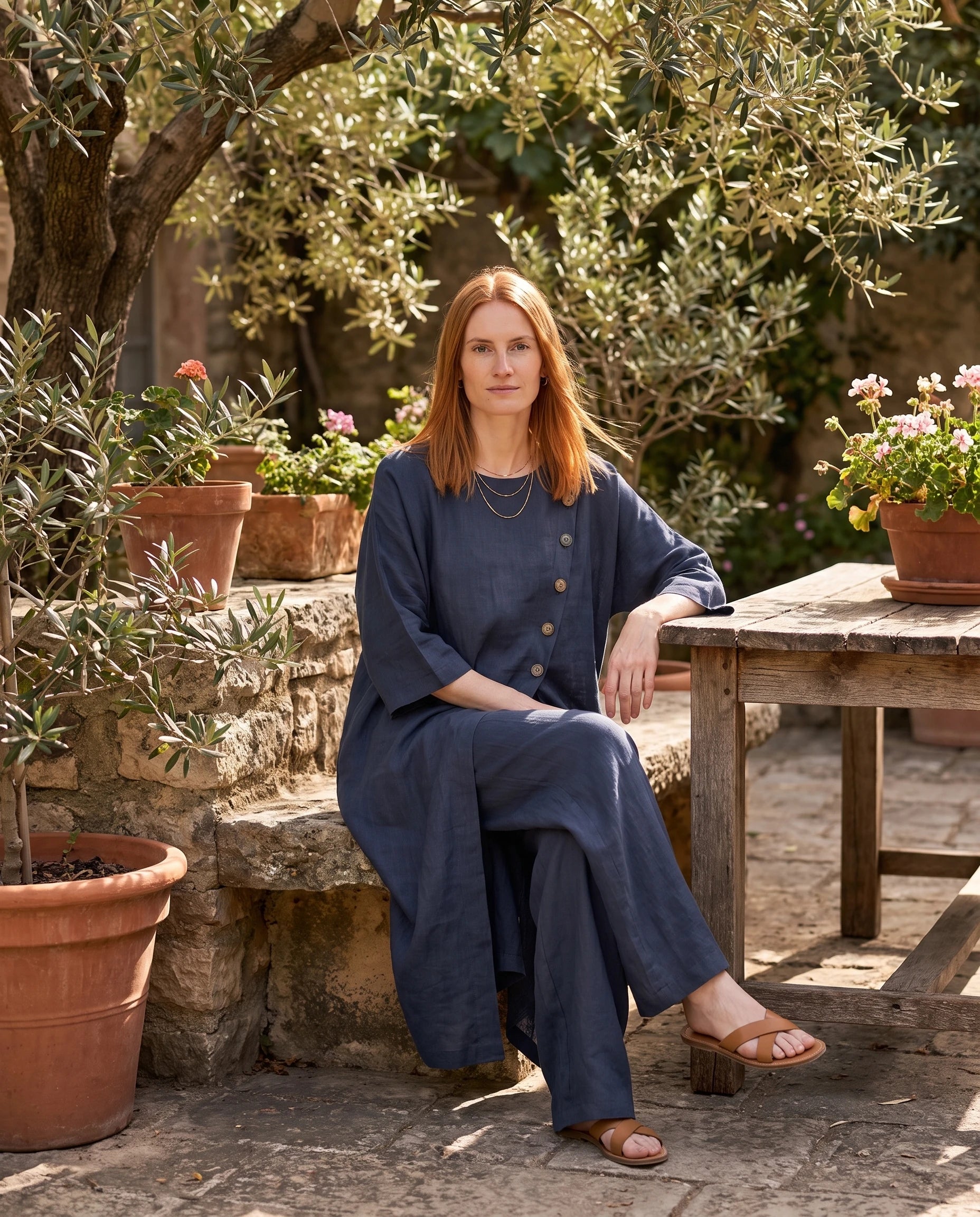 Ensemble tunique longue en lin et pantalon large Bleu Marine assise dans une cour d oliviers - Ombeline | Zolena