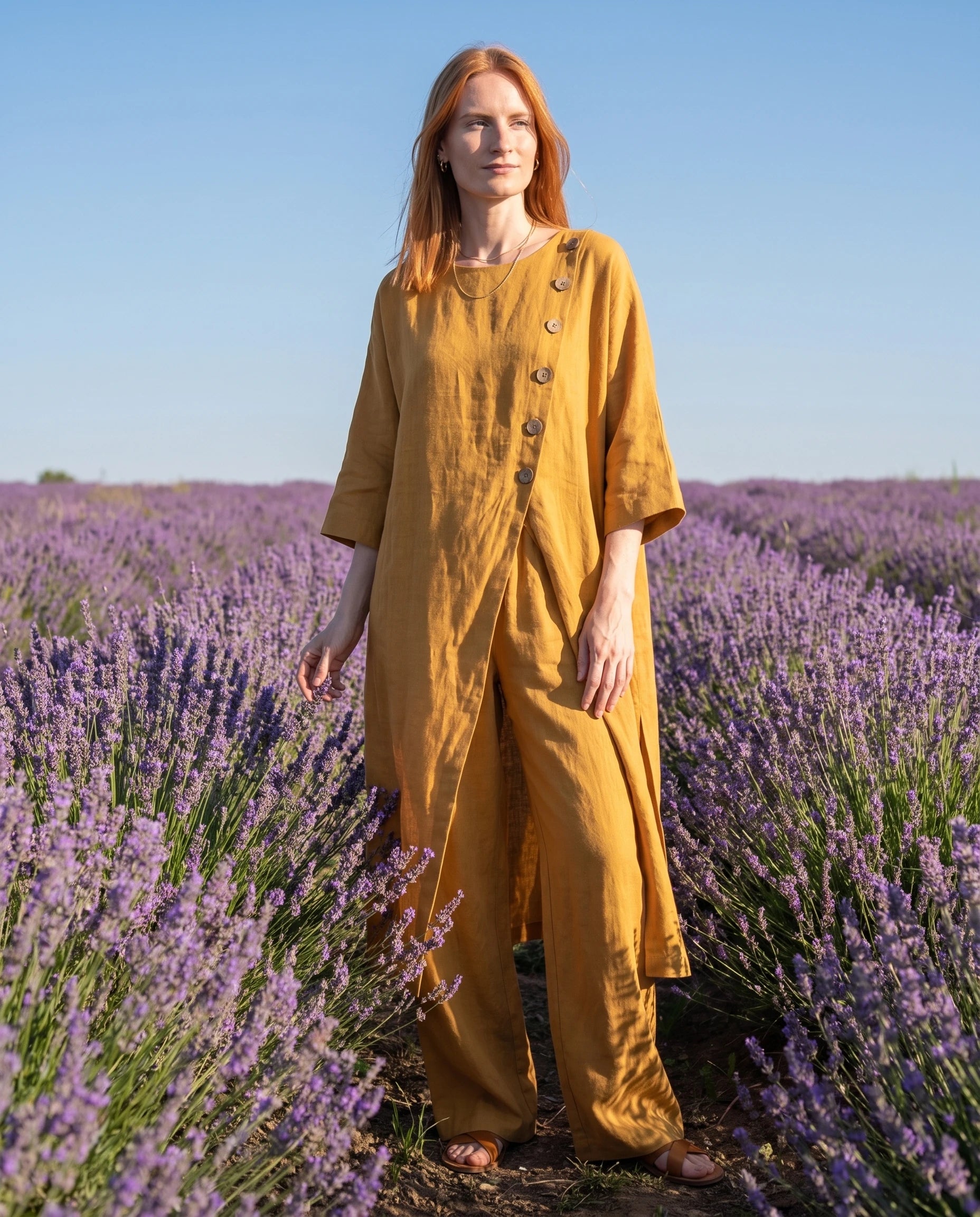 Ensemble tunique longue en lin et pantalon large Jaune dans un champ de lavande - Ombeline | Zolena